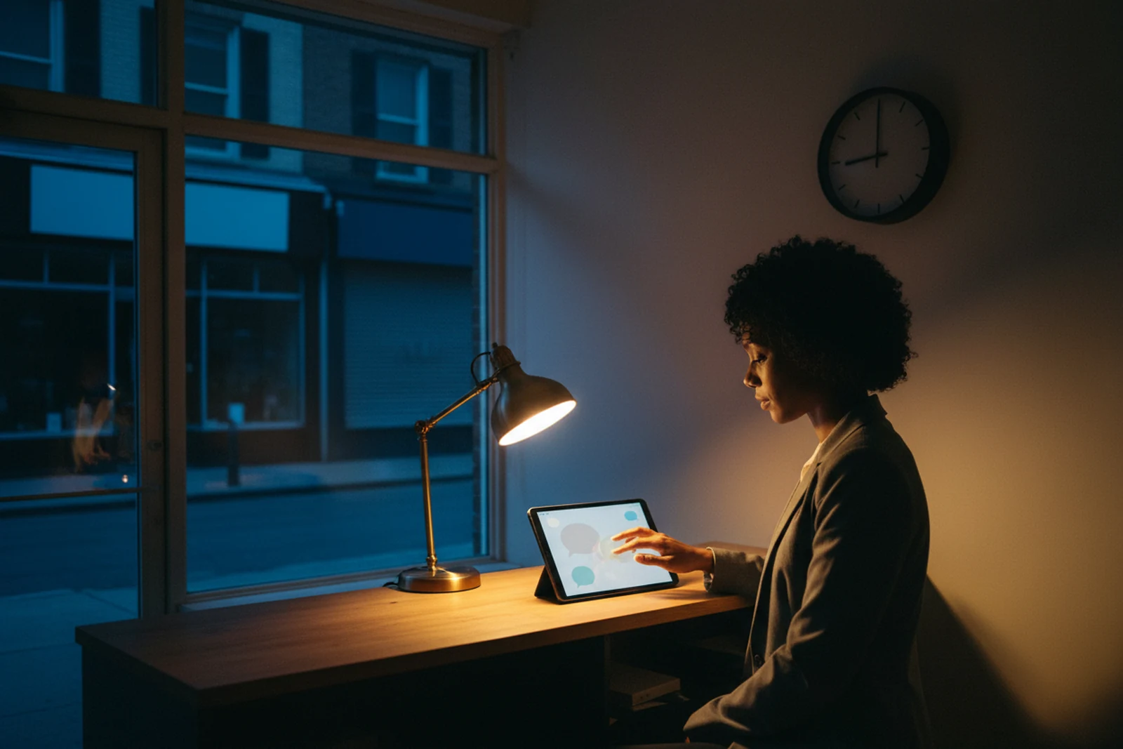 A woman alone at a shop counter late in the evening, answering on a tablet by the light of a single desk lamp; dark storefronts across the street.