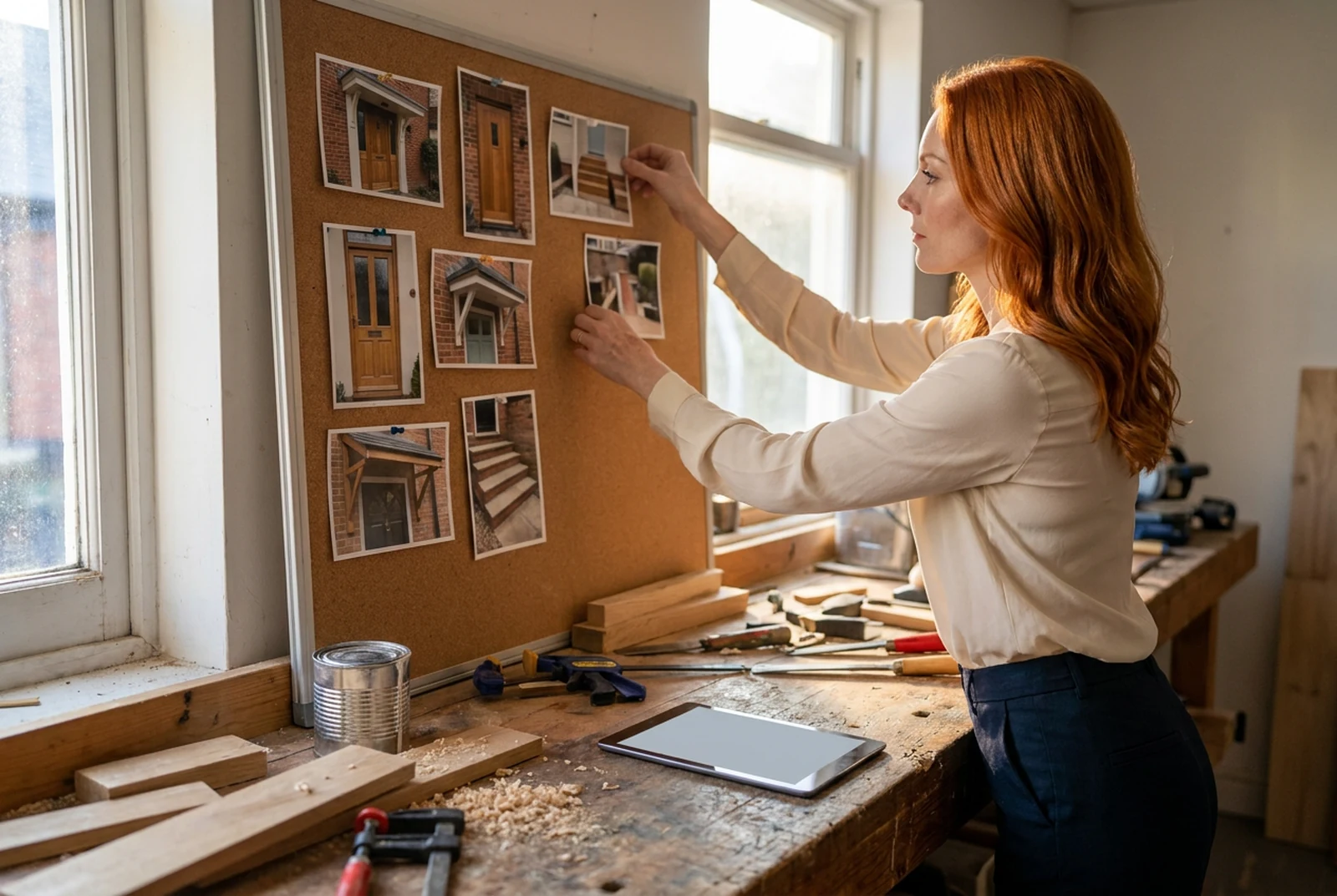 A woman in a workshop pins a freshly printed photograph of a finished repair onto a cork board already covered with job photos.