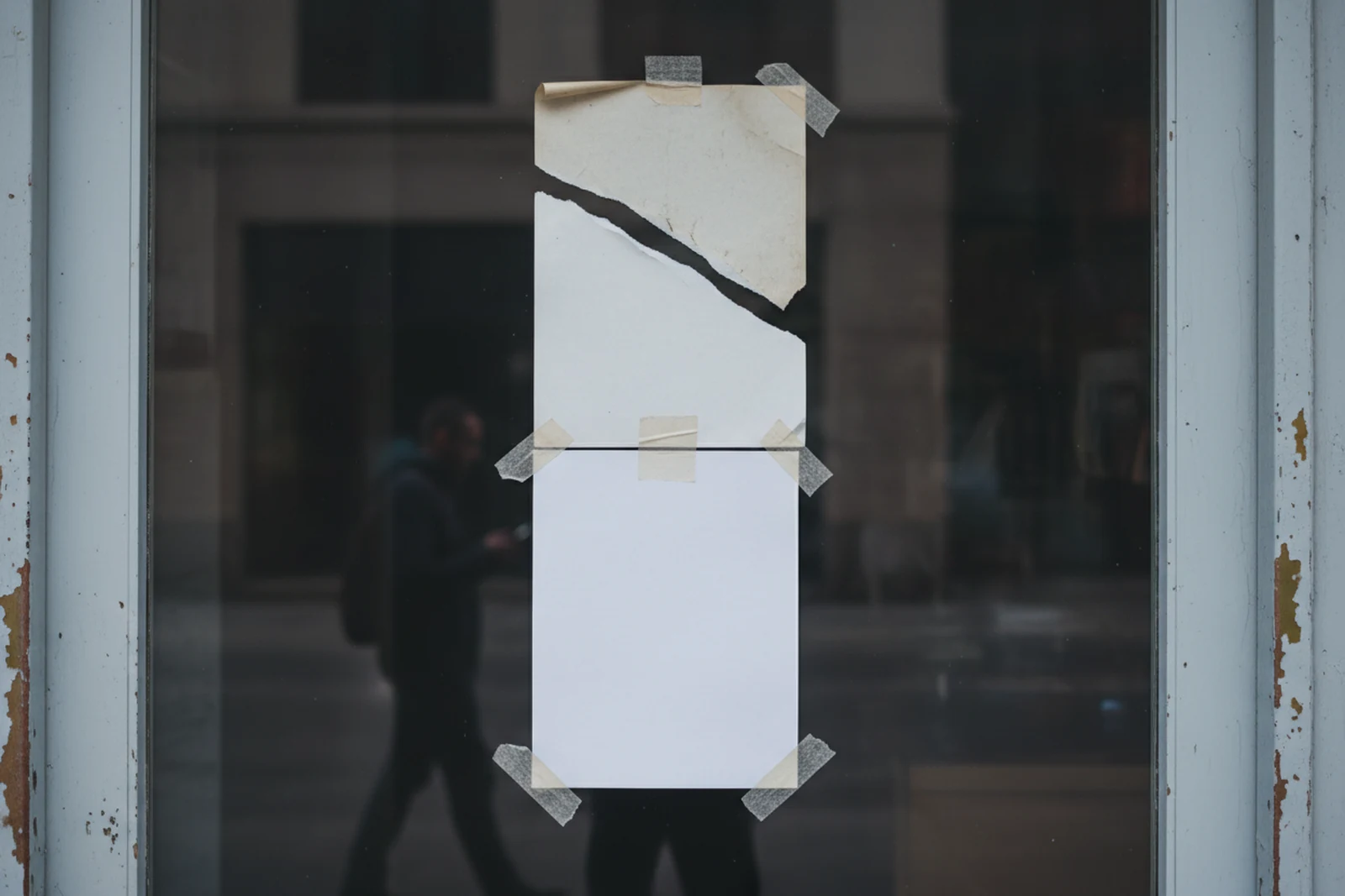 The glass door of a closed shop with three blank sheets of paper taped over one another, a passer-by reflected walking past.