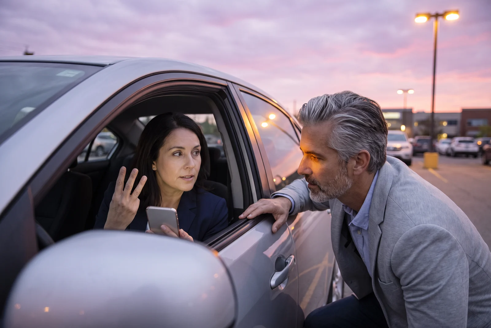 On an office parking lot at sunset, a guest in a navy blazer sits behind the wheel with the phone lighting her cheek and counts people off on her fingers, while Blake, the AI Sales Consultant, crouches at the open window in a light gray jacket and listens, leaning in.