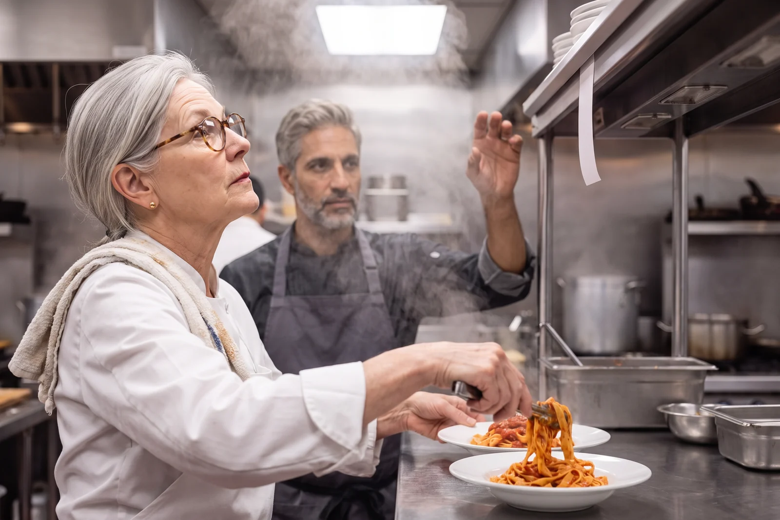 In the Tampa Pasta House kitchen at the dinner rush, Margaret in a white chef’s jacket plates pasta onto two dishes and, without stopping her hands, looks up at a fresh ticket on the rail and nods; across the pass Blake in a charcoal apron has just let go of the rail clip.