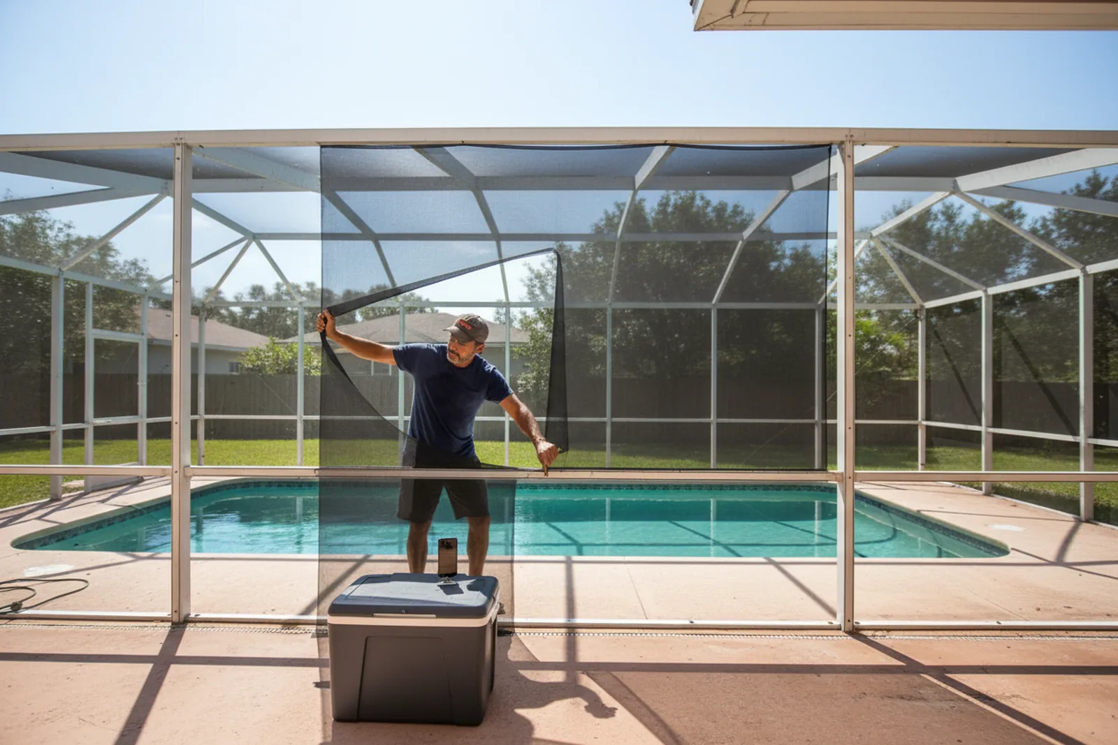 In a backyard under a screened pool cage at midday, Mateo in a faded navy T-shirt and a backward cap leans back with his whole weight to stretch fresh dark mesh across a panel and presses the spline in with a roller; his phone stands on a cooler lid, pointed at the finished section.