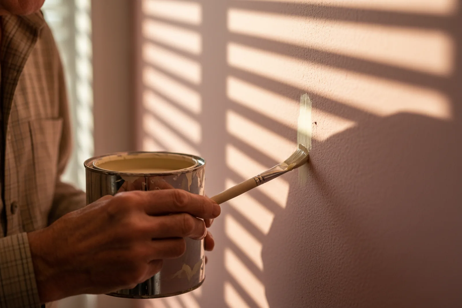 Close up in an older couple’s living room, blinds striping the wall with light: the tip of a small brush closes a nail hole with a still-wet stroke, and at the edge of the frame a hand in a checked sleeve holds an open can of the owner’s own leftover paint.