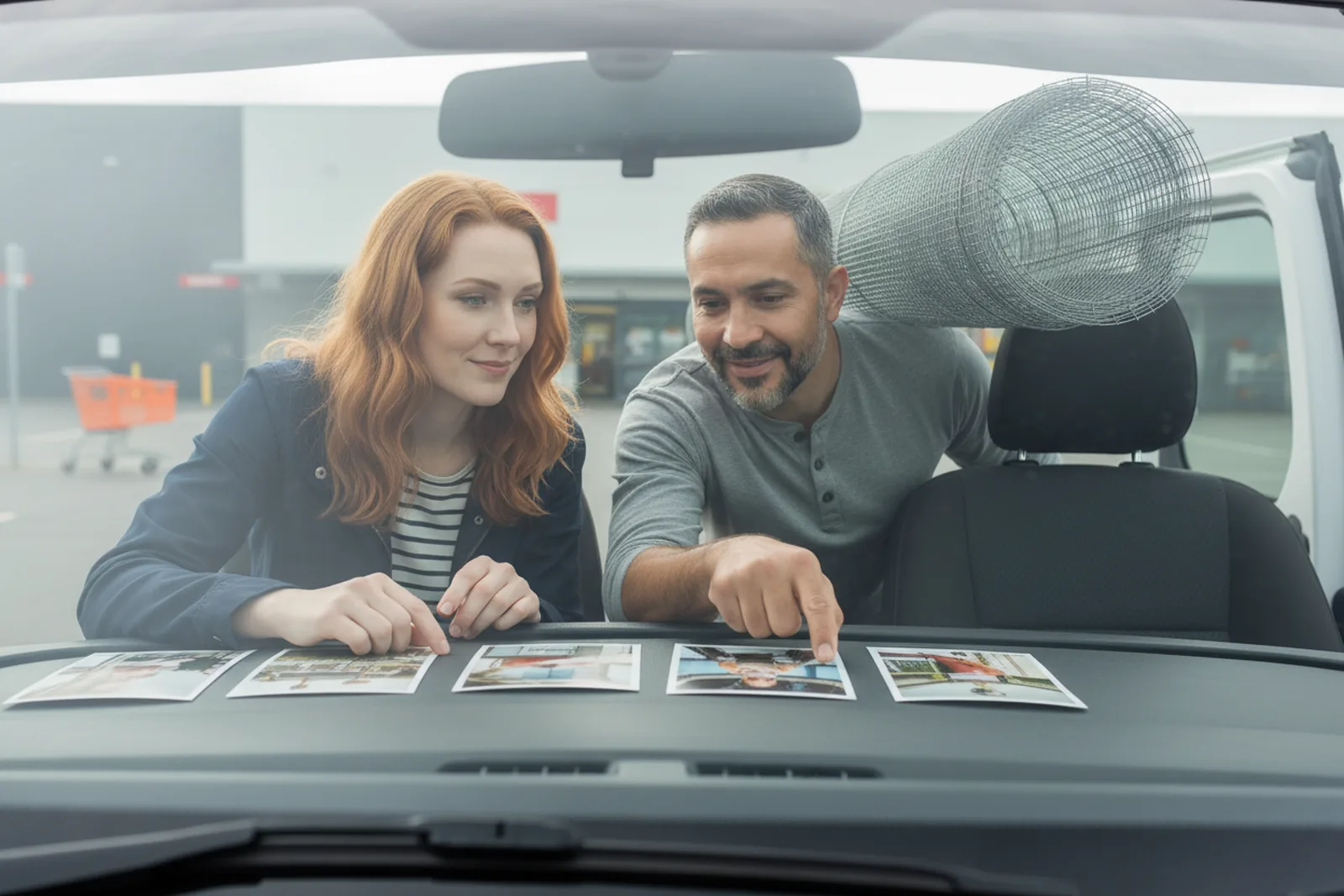 On a hardware store lot under a silver overcast sky, seen through the windshield: Sloane, the AI SMM Manager, reaches across the dashboard from the passenger seat and lays out a row of square prints, while Mateo leans into the open driver’s window with a roll of mesh on his shoulder and points at one of them.