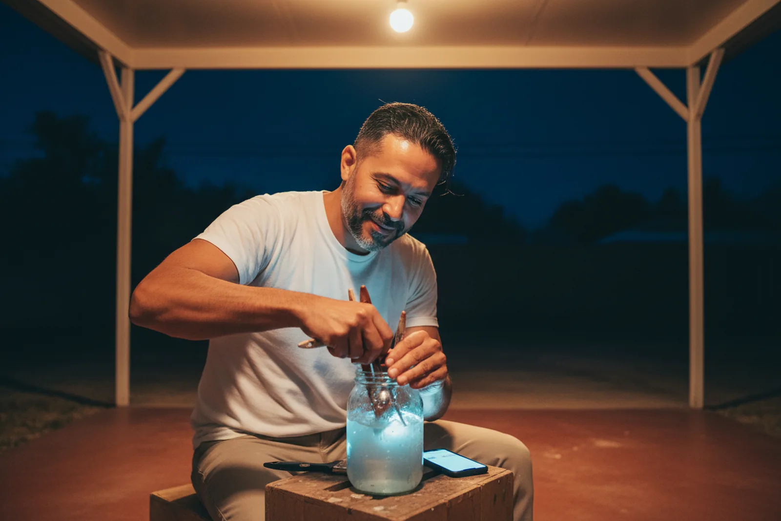 At night under a single bare bulb on his own carport, Mateo in a clean white T-shirt sits on an upturned crate and works paint out of a brush in a jar of water; his phone lies on his knee with the screen turned to him, its cool light on his face and reflected in the water.