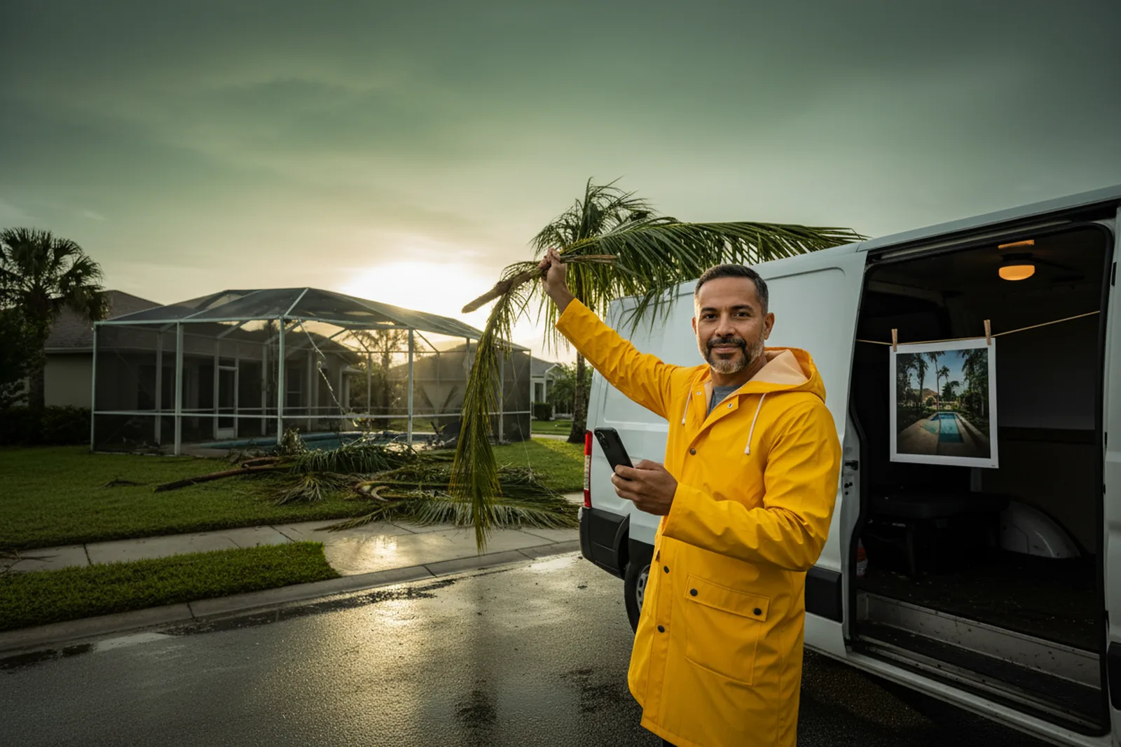 A residential street the morning after a storm, wet asphalt catching low sun: Mateo in a yellow rain jacket pulls a torn palm frond off a pool-cage frame with one hand and presses his thumb on the phone in the other; behind him the van’s sliding door is open and one new square print hangs at the end of the cord under the white lamp.