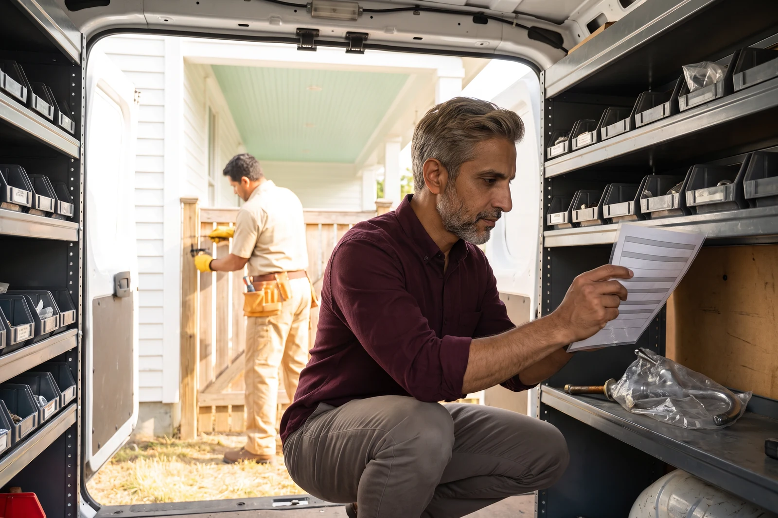 Inside the cargo area of a work van, among racks of small parts bins, Blake, the AI sales consultant, in a deep burgundy shirt, ducks under the low roof and unclips a laminated rate sheet with two lines bracketed under his thumb; an old faucet in a clear bag sits on the shelf, and through the open rear door the handyman works at a gate, out of focus.
