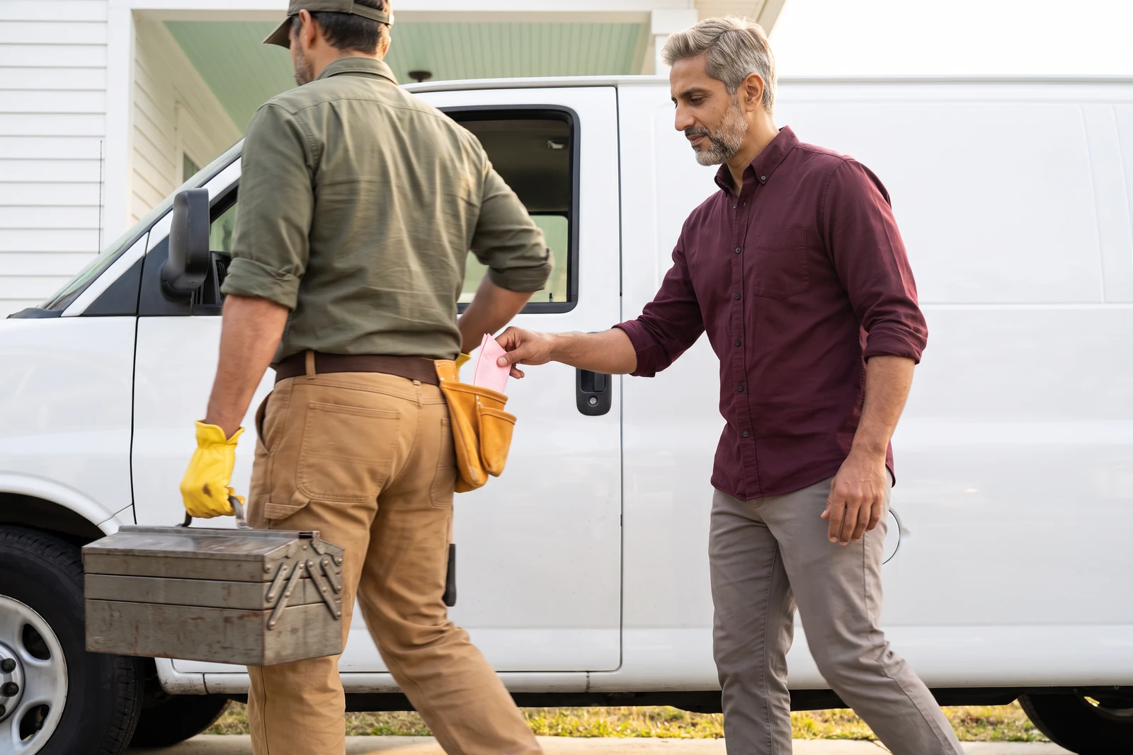Beside the van’s side door, Mateo walks past carrying a toolbox, his back to the camera, while Blake, in step with him, tucks a folded blank pink slip into the pocket of Mateo’s leather tool belt, and Mateo presses the pocket shut with his elbow without stopping.