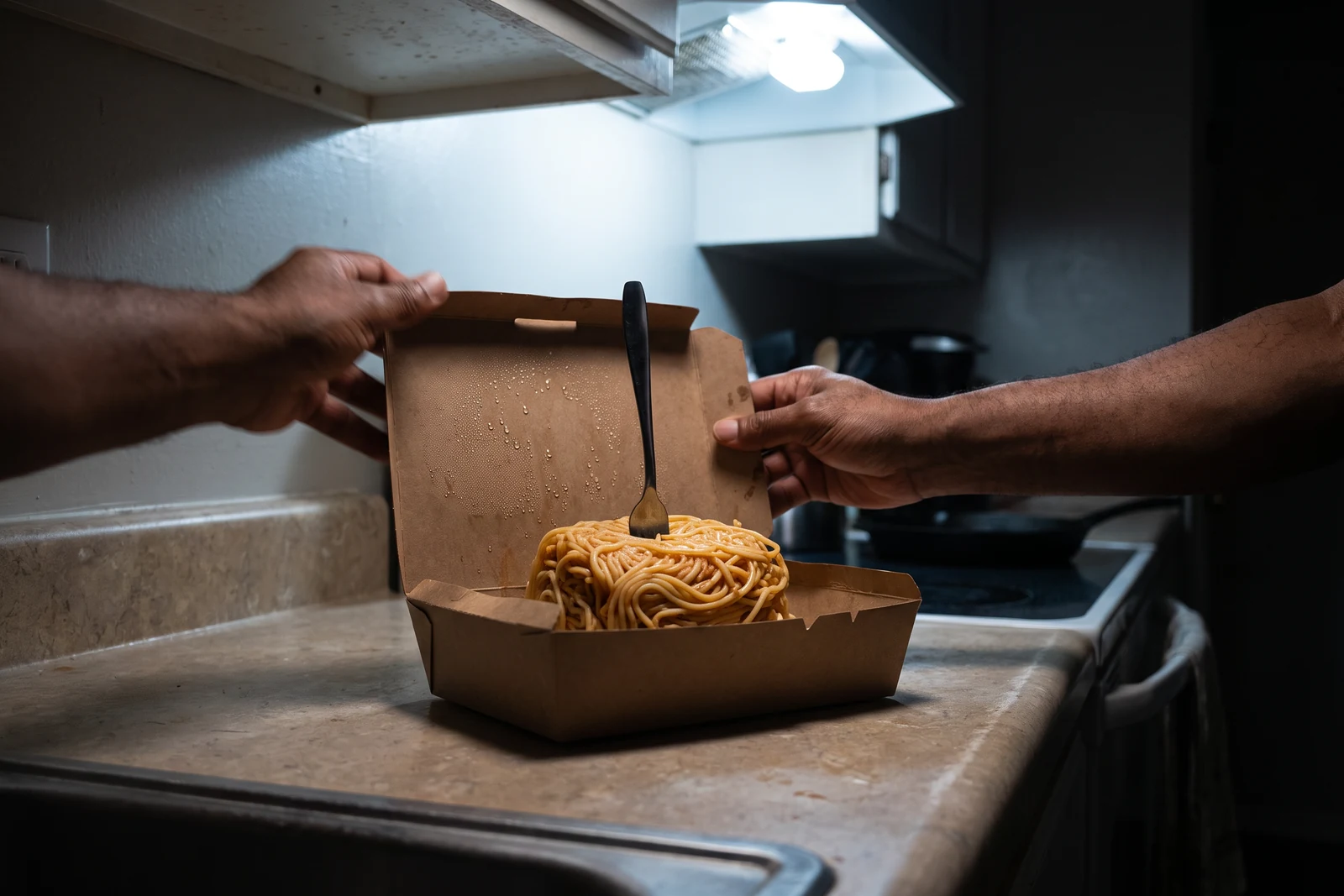 At counter height under the cold white light of a range hood, an adult’s hands tear the lid off a plain cardboard takeout box; the pasta inside has set into one solid block with a fork standing upright in it.