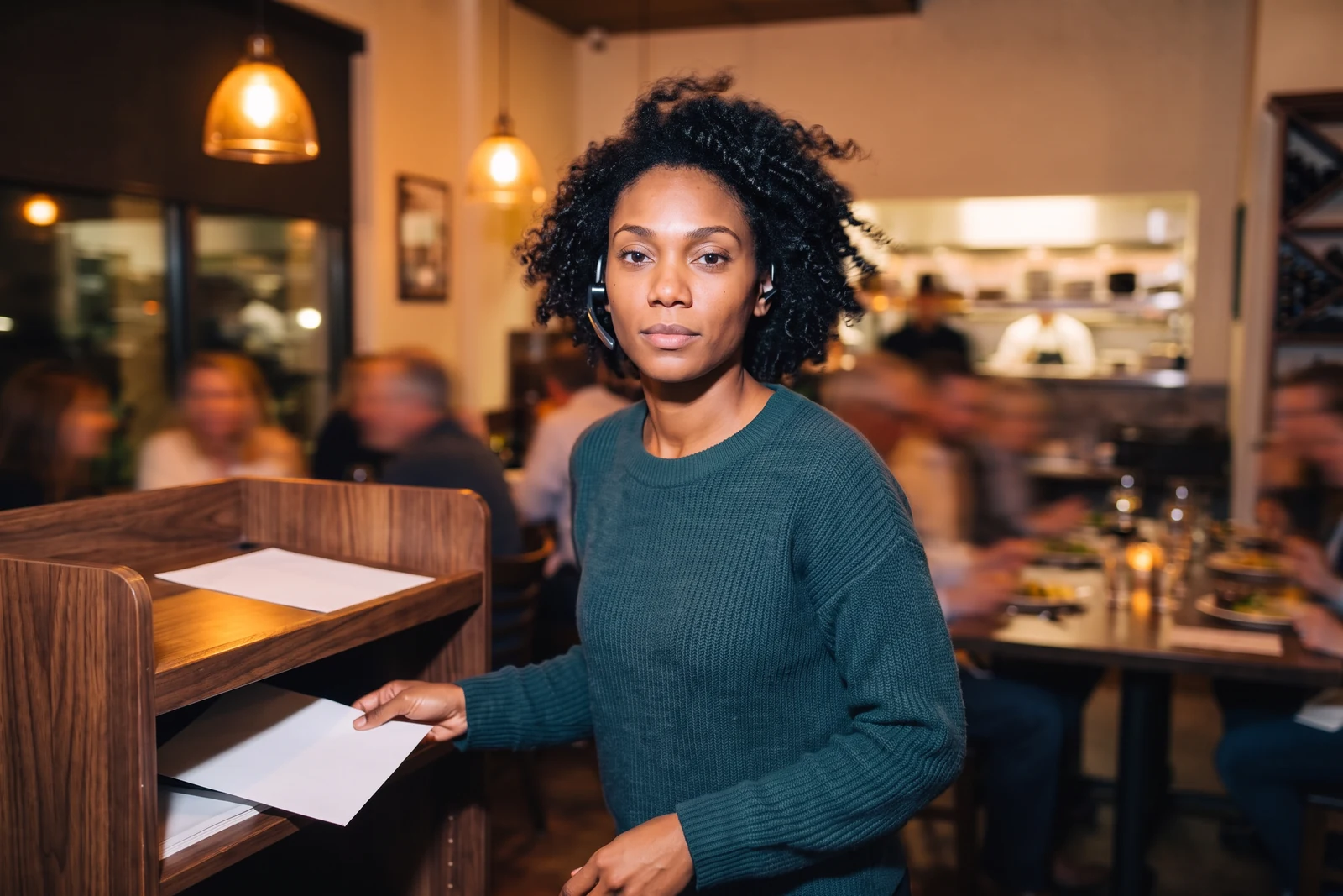 At a restaurant host stand in amber evening light, Ruby, the AI customer support agent, in a deep teal sweater and a headset, snatches a blank form from the shelf mid-stride while guests and a server blur past behind her.