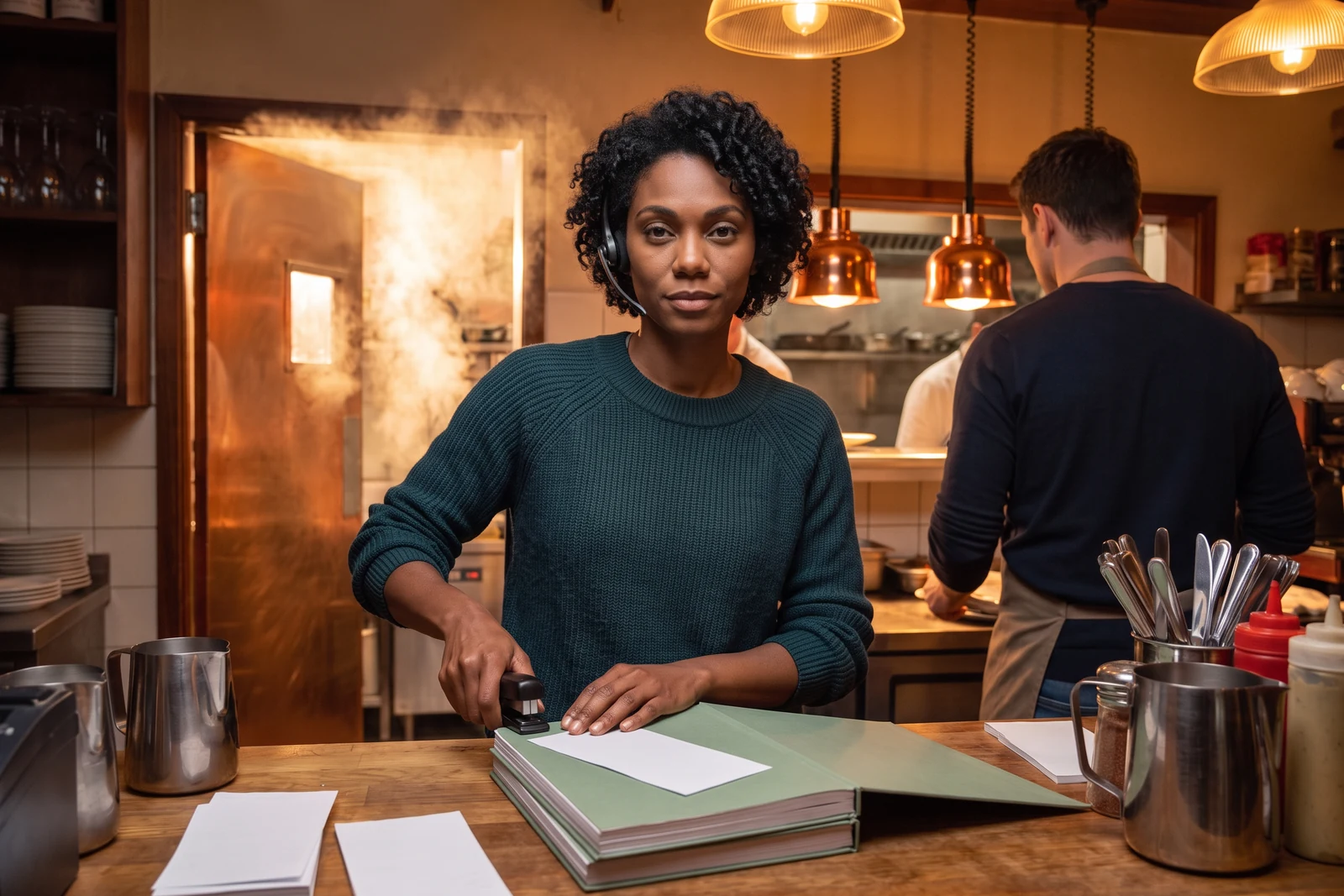 Seen from low at a dining room service station, Ruby presses a stack of blank pages into a sage-green cover with the flat of her hand and punches a stapler with the other, while a server collects cutlery beside her and copper light and steam spill from a half-open kitchen door behind.