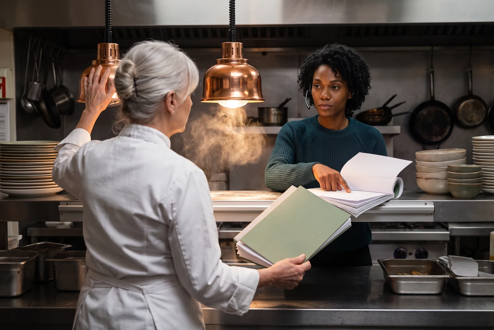 At the pass after the last order, the chef-owner, seen from behind in her whites, switches off a heat lamp with one hand and unclips a thick sage-green folder from the ticket rail with the other, while Ruby stands at the window and points to a line in the open folder.