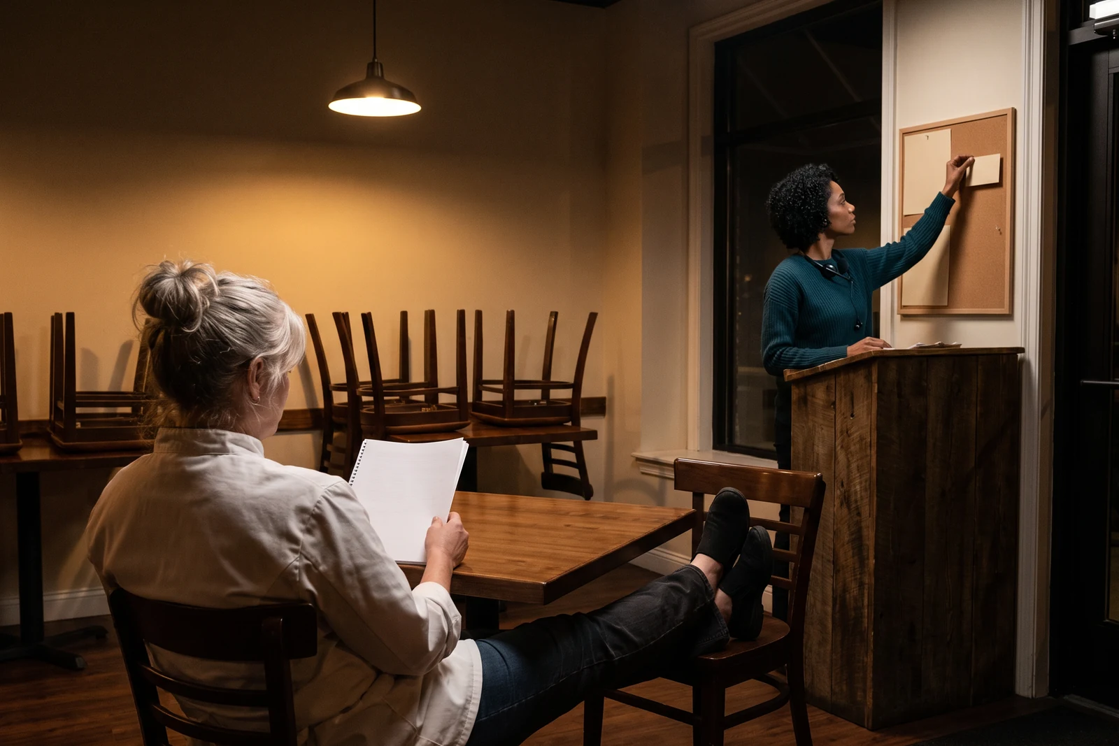 In an empty dining room after closing, the chef-owner, seen from behind with her jacket unbuttoned, leans back heavily in a chair reading a stapled set of pages under a single lamp, while far behind her Ruby reaches up to pin one blank card to a plain corkboard by the host stand.