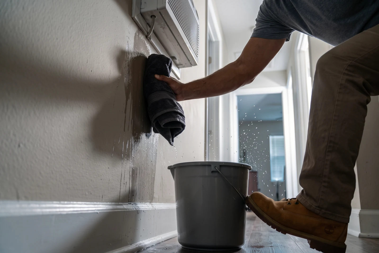 Seen from floor level in a dim hallway at night, an adult’s hand slaps a folded towel against a dark wet streak running down a pale wall beneath an air conditioning unit, while a foot pushes a plastic bucket under the drip.