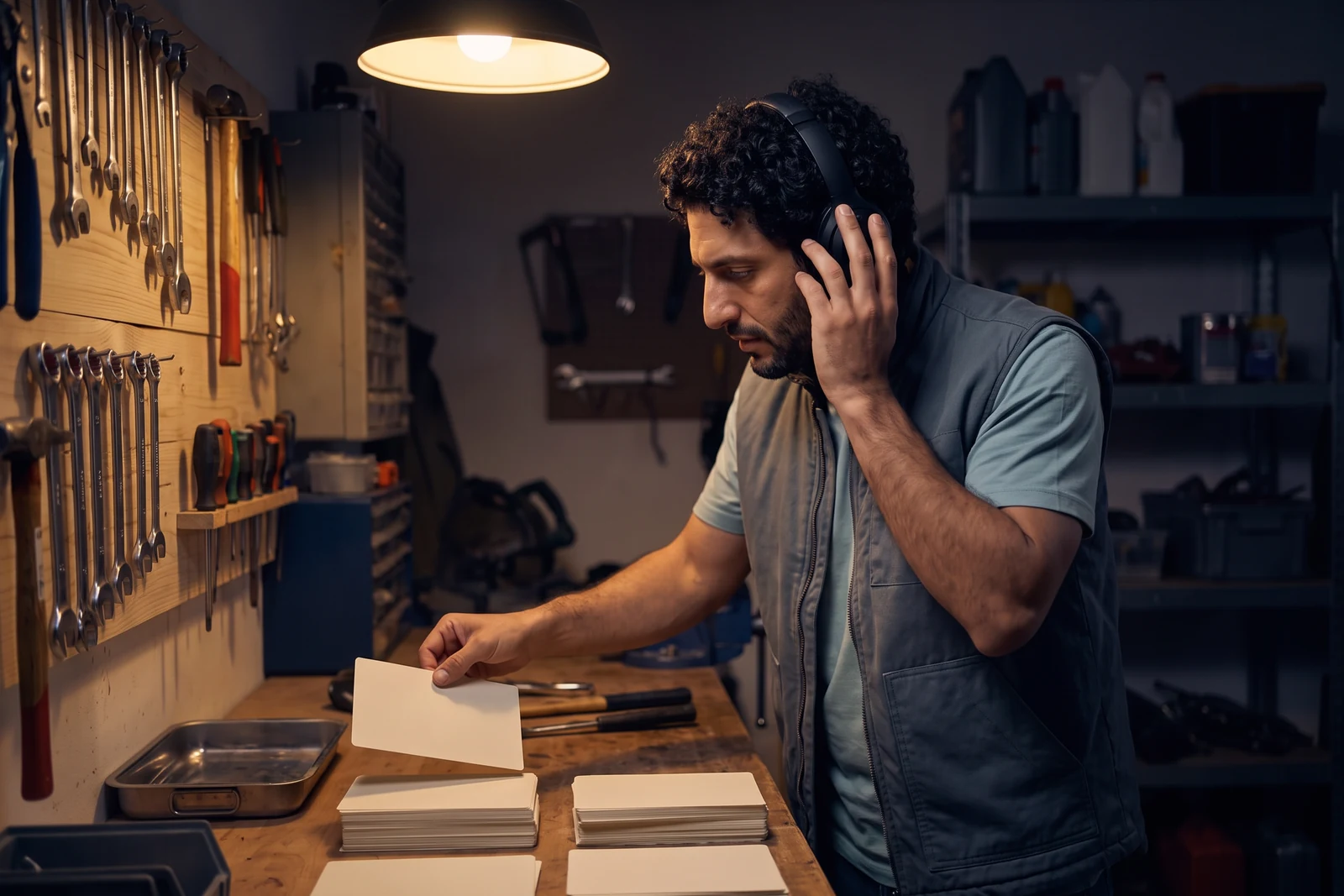 In a garage workshop with tools hung up for the night, Avery, the AI administrator, in a slate-gray vest and over-ear headphones, turns from the tool wall toward the workbench, pressing one ear cup with one hand and pulling a blank card from a stack with the other.