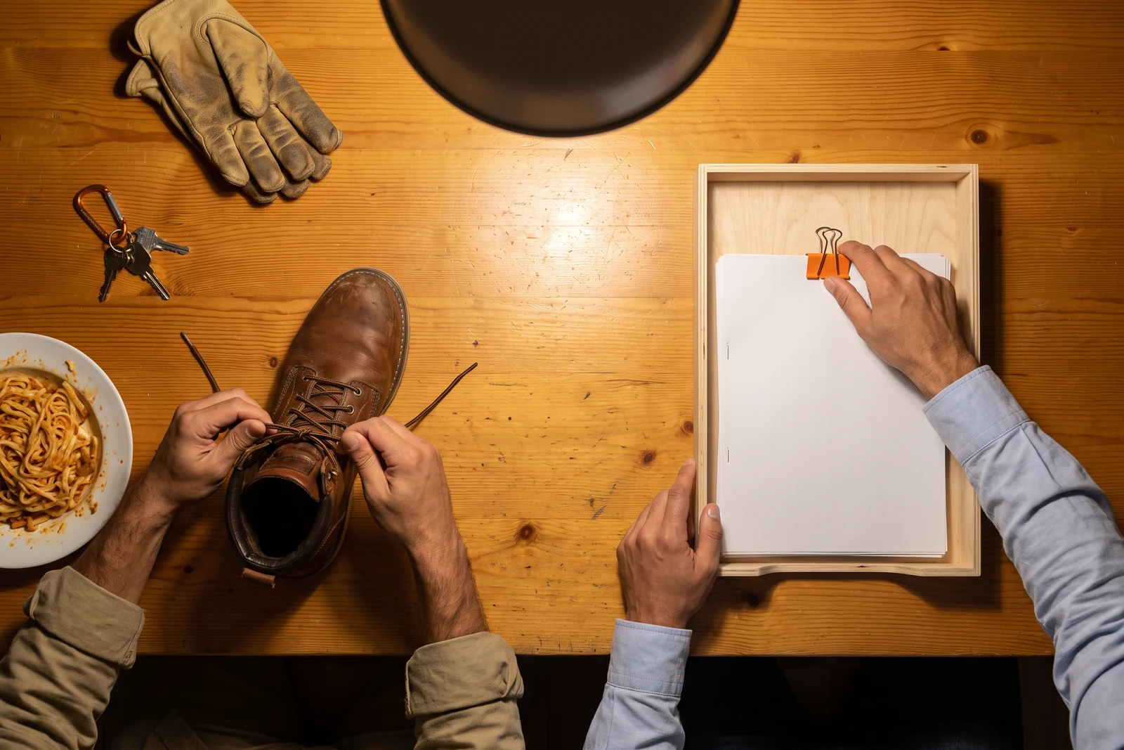 Seen from directly above, a kitchen table is split in two: on one side a half-eaten dinner, van keys, work gloves and the owner’s hands unlacing a boot; on the other a plain birch tray where Avery’s thumb snaps a bright orange clip onto a blank card.