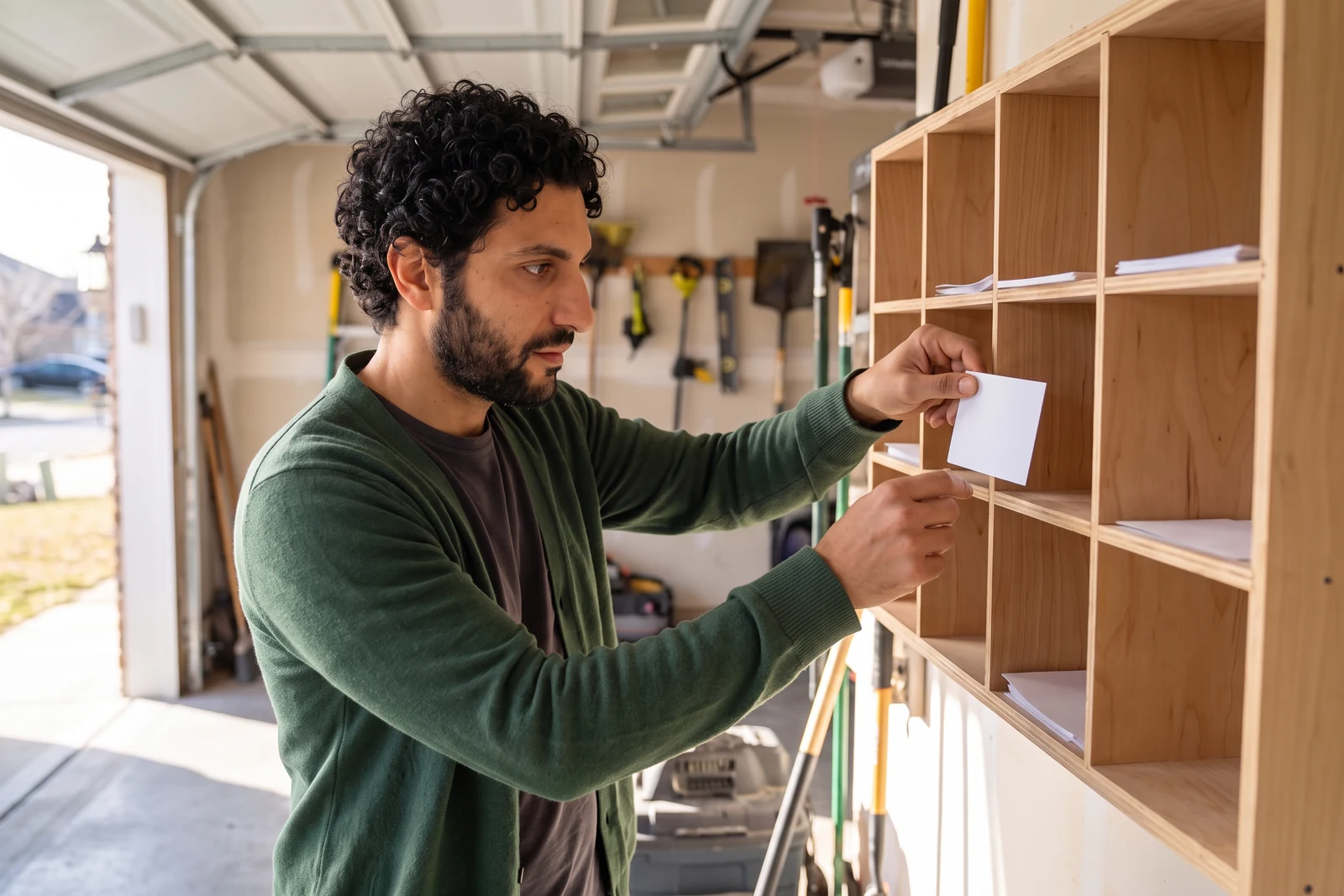 In a sunlit garage with the door open, Avery, in a forest-green cardigan, steps along a plain wooden pigeonhole shelf and moves the same blank card into the next slot in one easy motion, dust hanging in the light.
