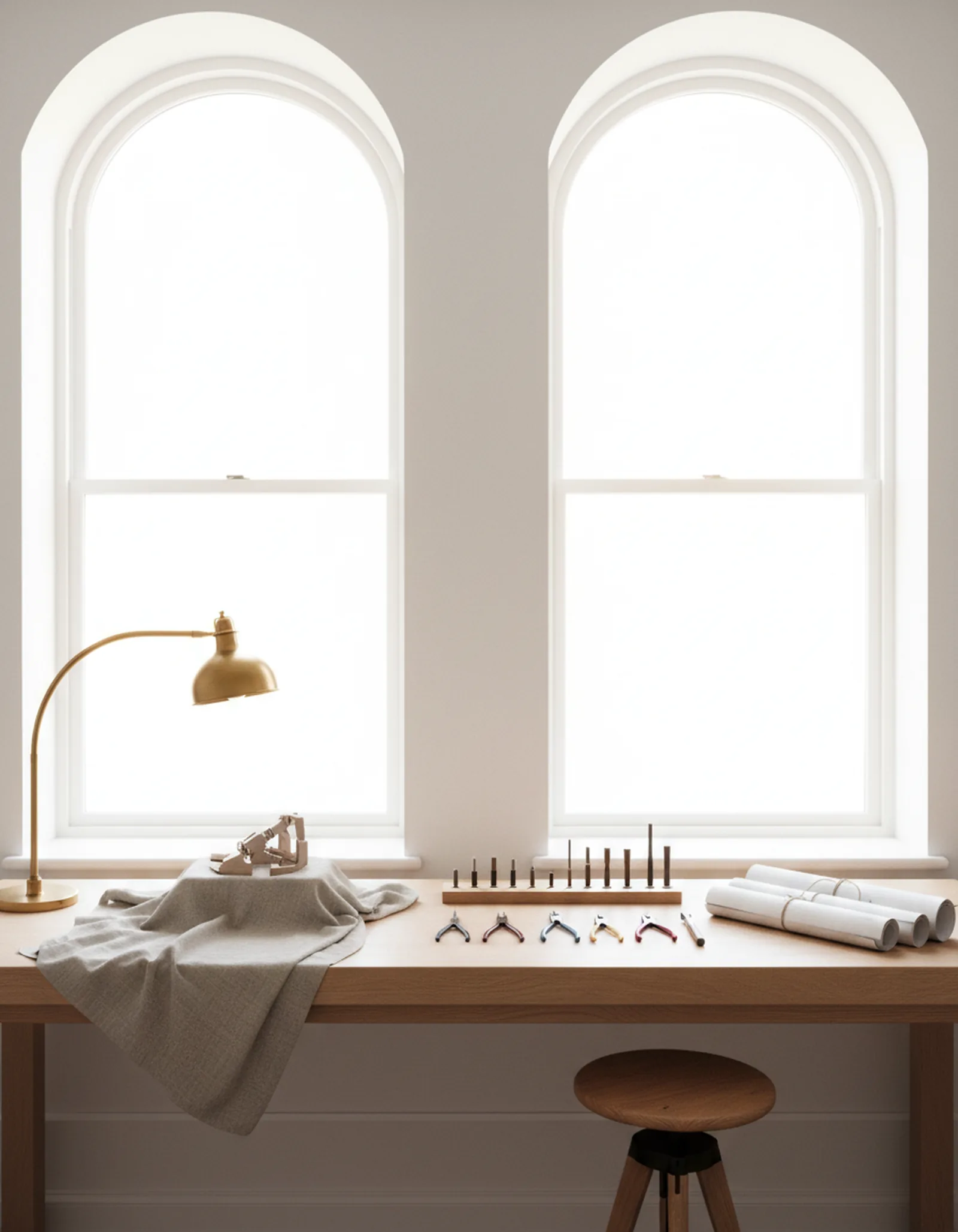 A bright workshop bench with a half-built object, precision tools, rolled drawings and a brass lamp.
