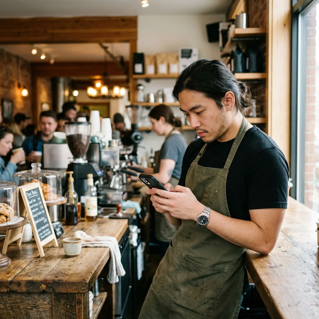 Small-shop owner replying to customer messages on a phone behind the counter