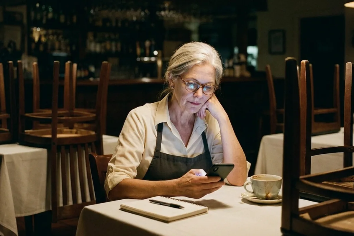 A restaurant owner sits alone at a lit table after closing, chairs stacked on the tables around her, her phone in one hand.