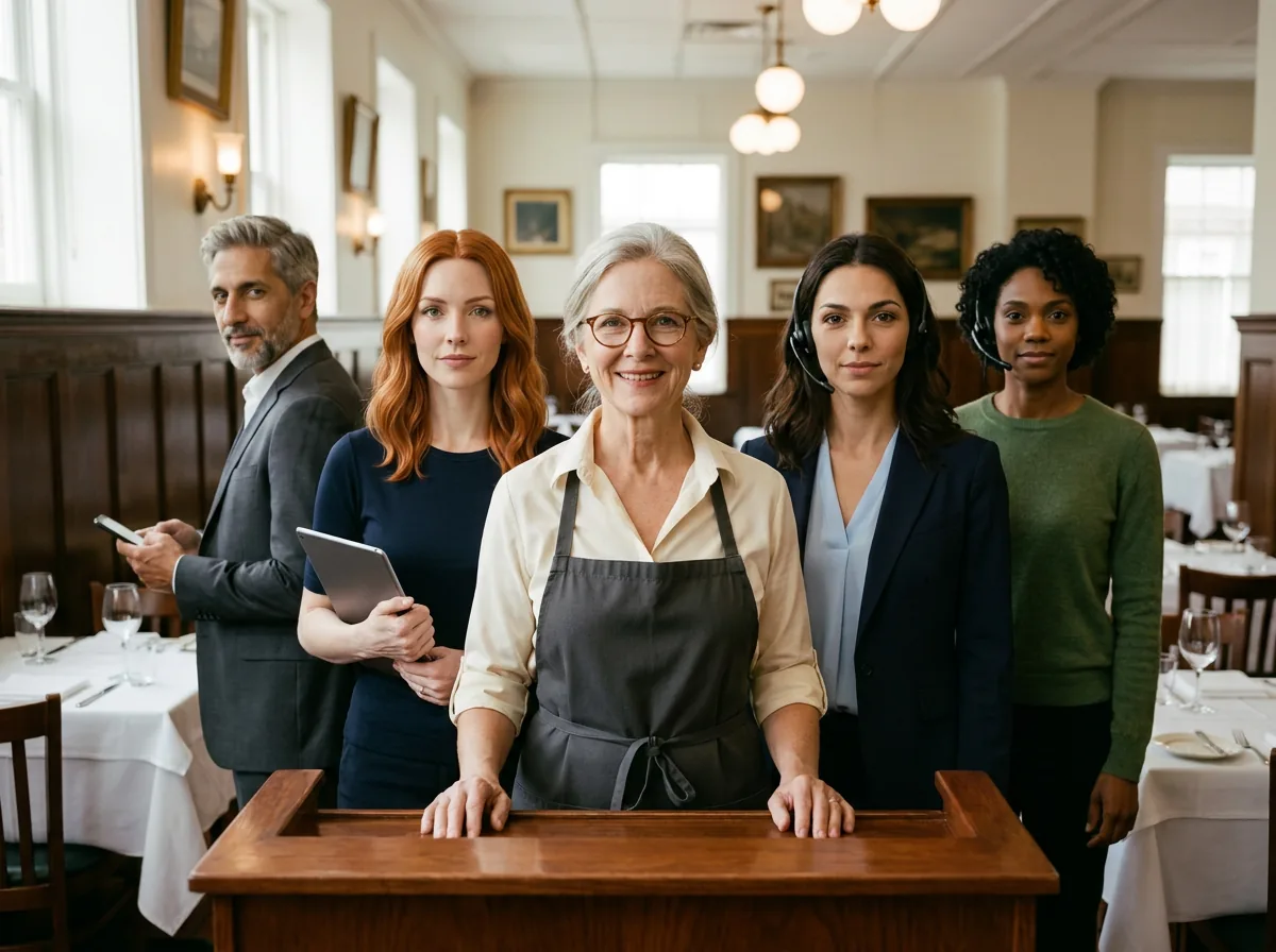 The same owner the next morning behind her hostess counter, with four colleagues standing around her in the daylit dining room.