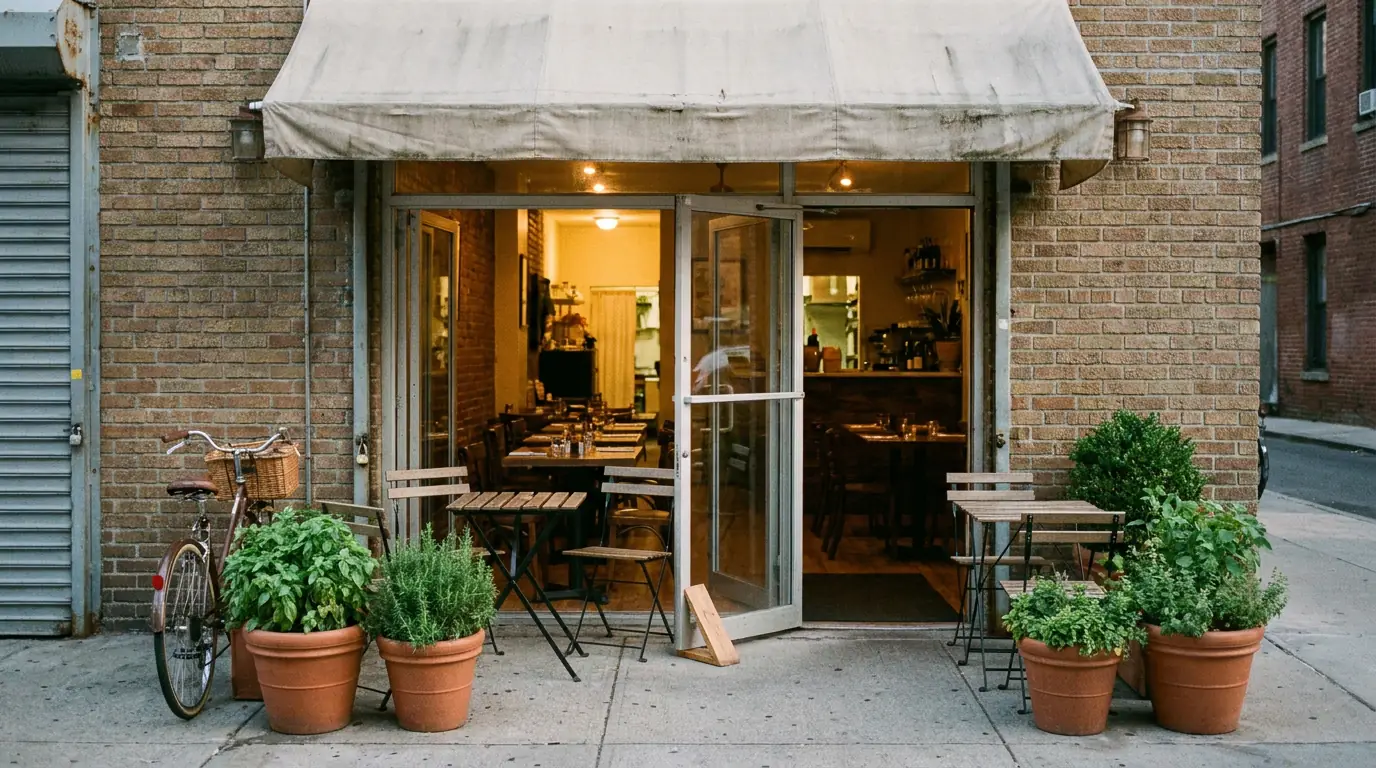 The front of a small independent restaurant early in the morning, door propped open, herbs in pots on the step.