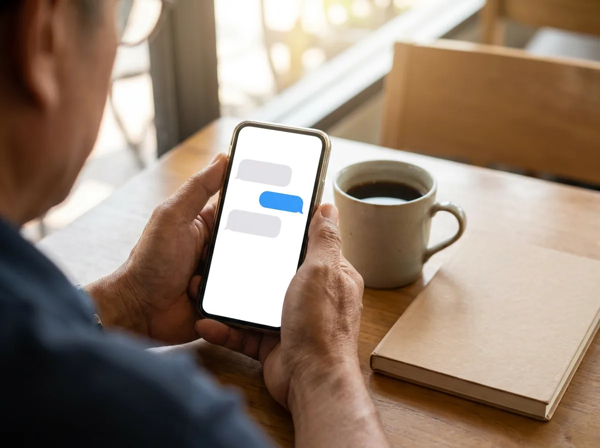 A pair of hands holding a phone at a table, a plain message thread open on the screen, a coffee and a closed notebook beside it.