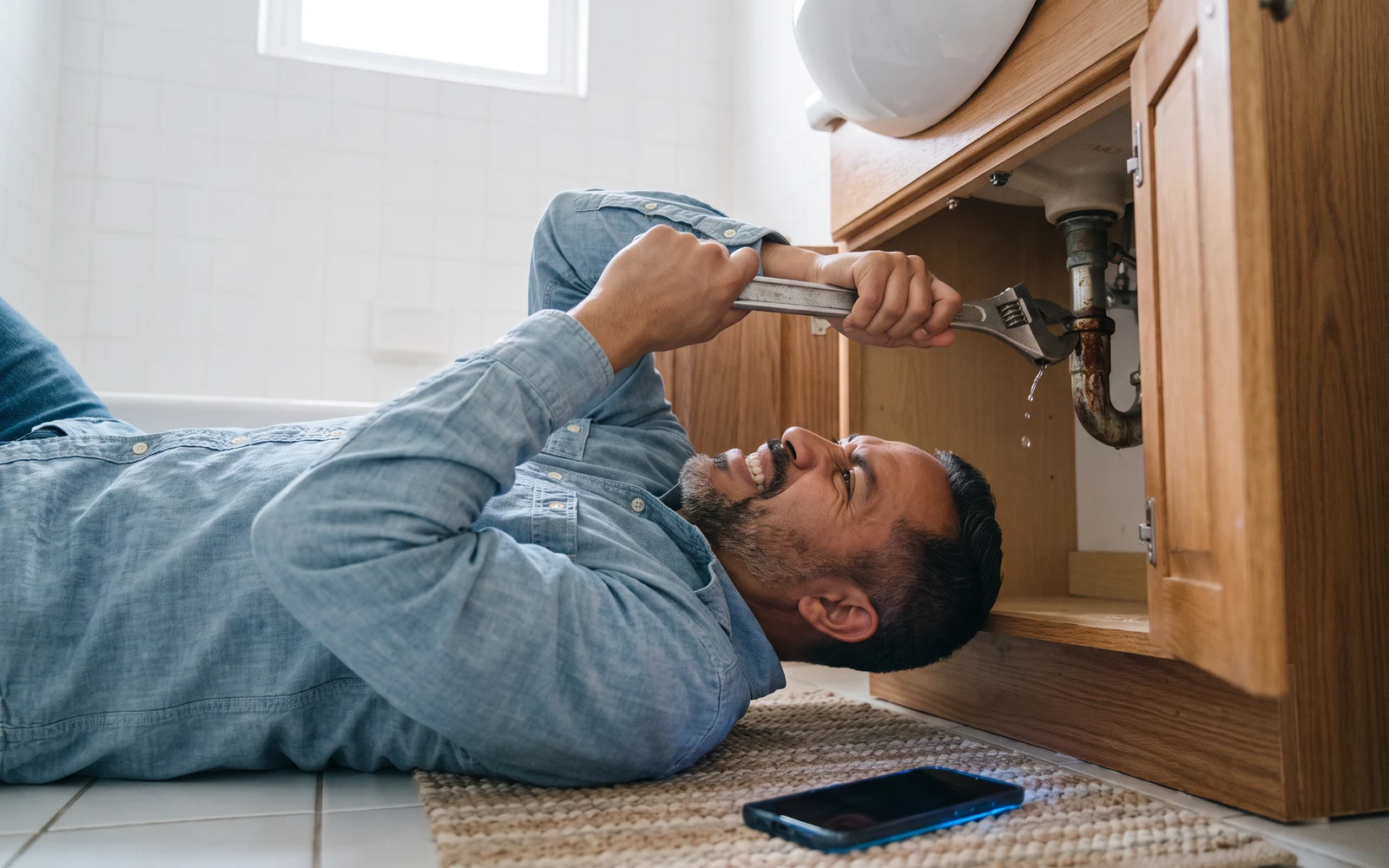 Early morning in a client’s white-tiled bathroom: Mateo lies on his back under the sink, working a large wrench on a dripping drain pipe, his phone on the mat beside him.