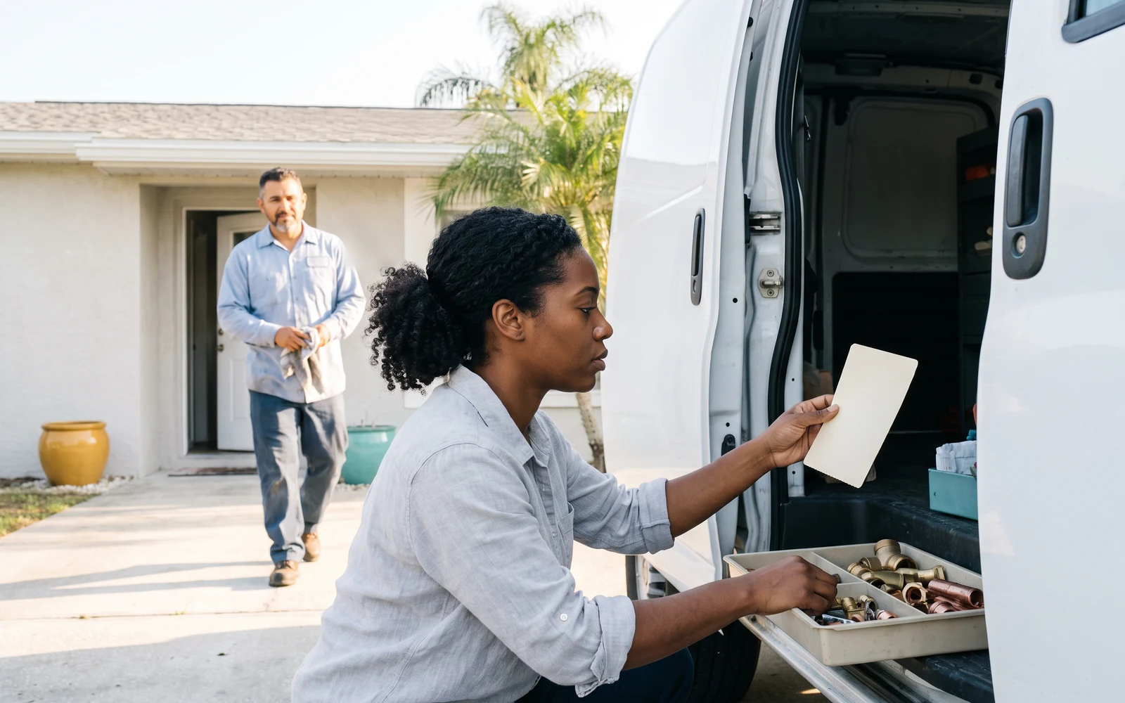 Morning in a client’s driveway: the AI support specialist kneels at the open side door of the Casa Lista van with a blank reply card in one hand, checking a tray of brass fittings, while Mateo walks out of the house behind her.