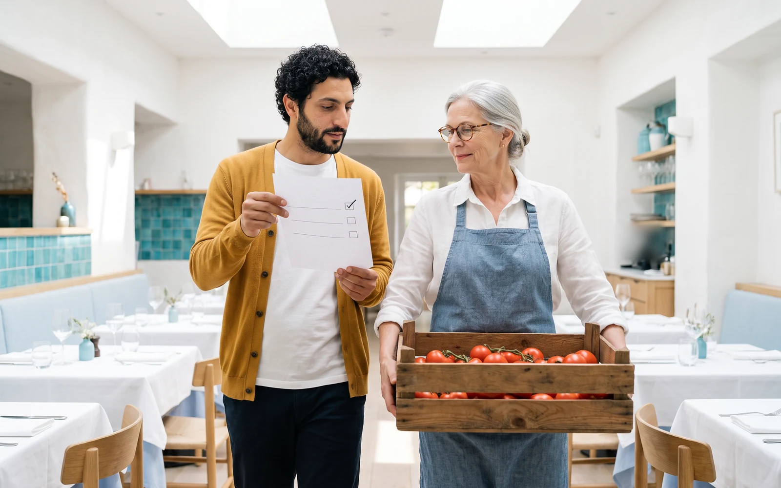 Noon in the empty white dining room: Avery holds up a sheet with three lines, the first ticked and two still empty, while Margaret, carrying a crate of tomatoes, looks over to decide.