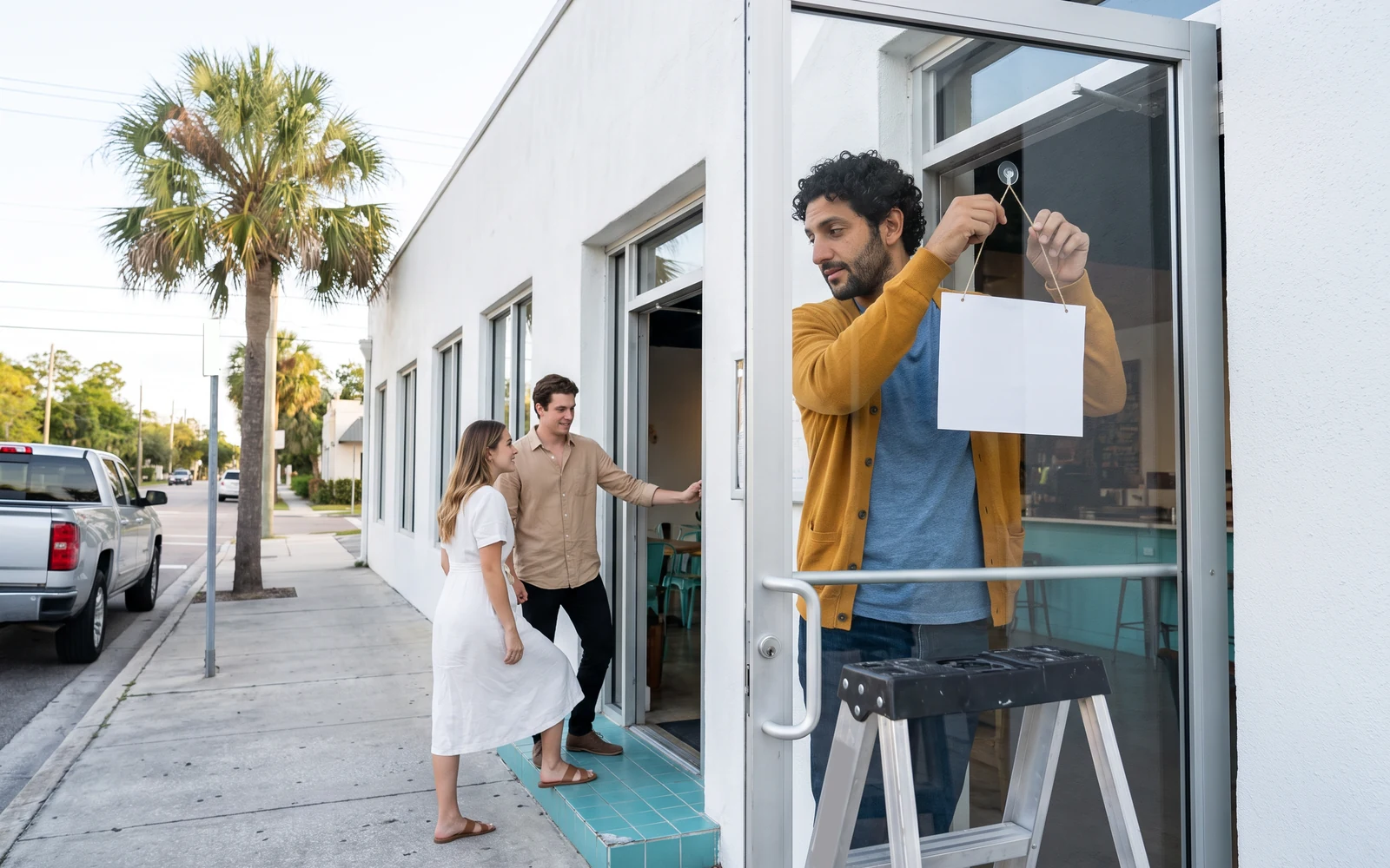 Early evening outside Tampa Pasta House: Avery, on a stepladder, hangs the blank hours sign on the glass door while a young couple steps in through the doorway beside him.