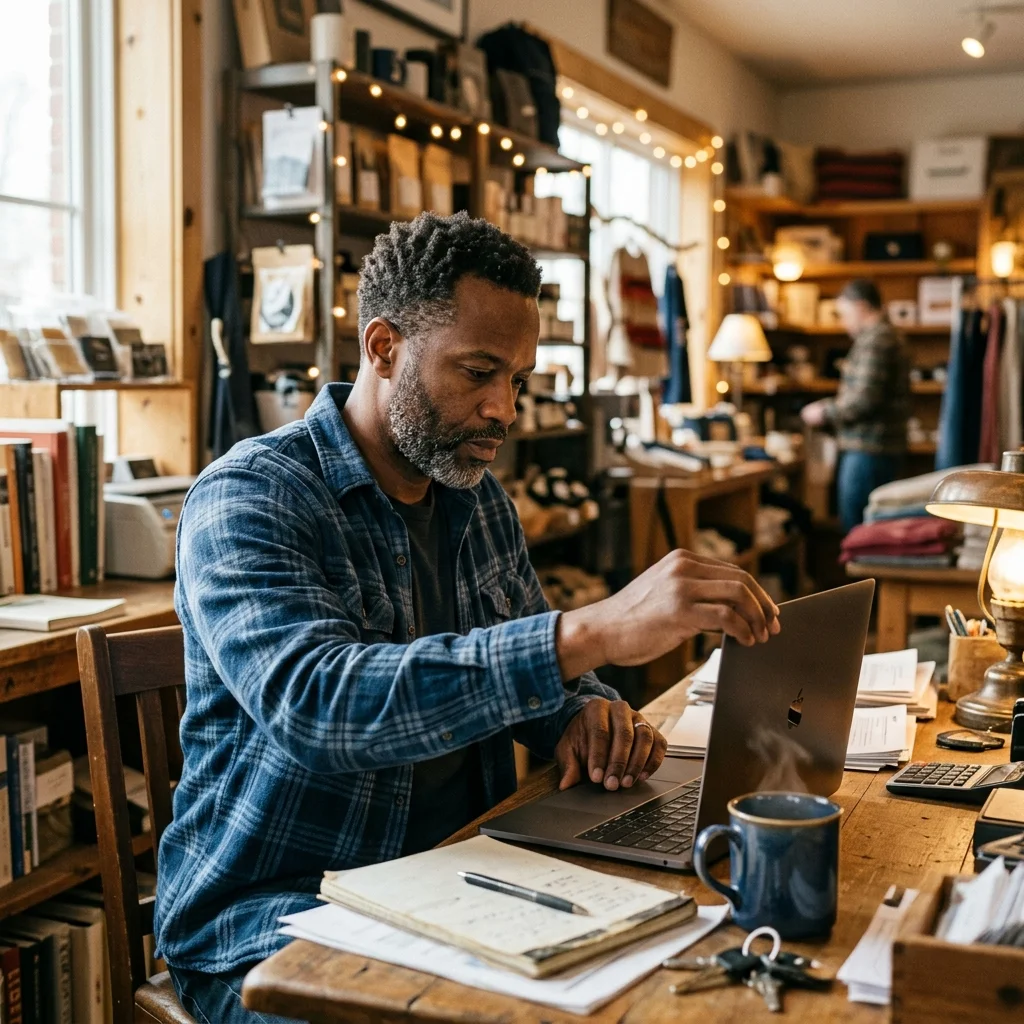 Shop owner setting up SmashOne on a laptop at a workbench in a warm, daylit store