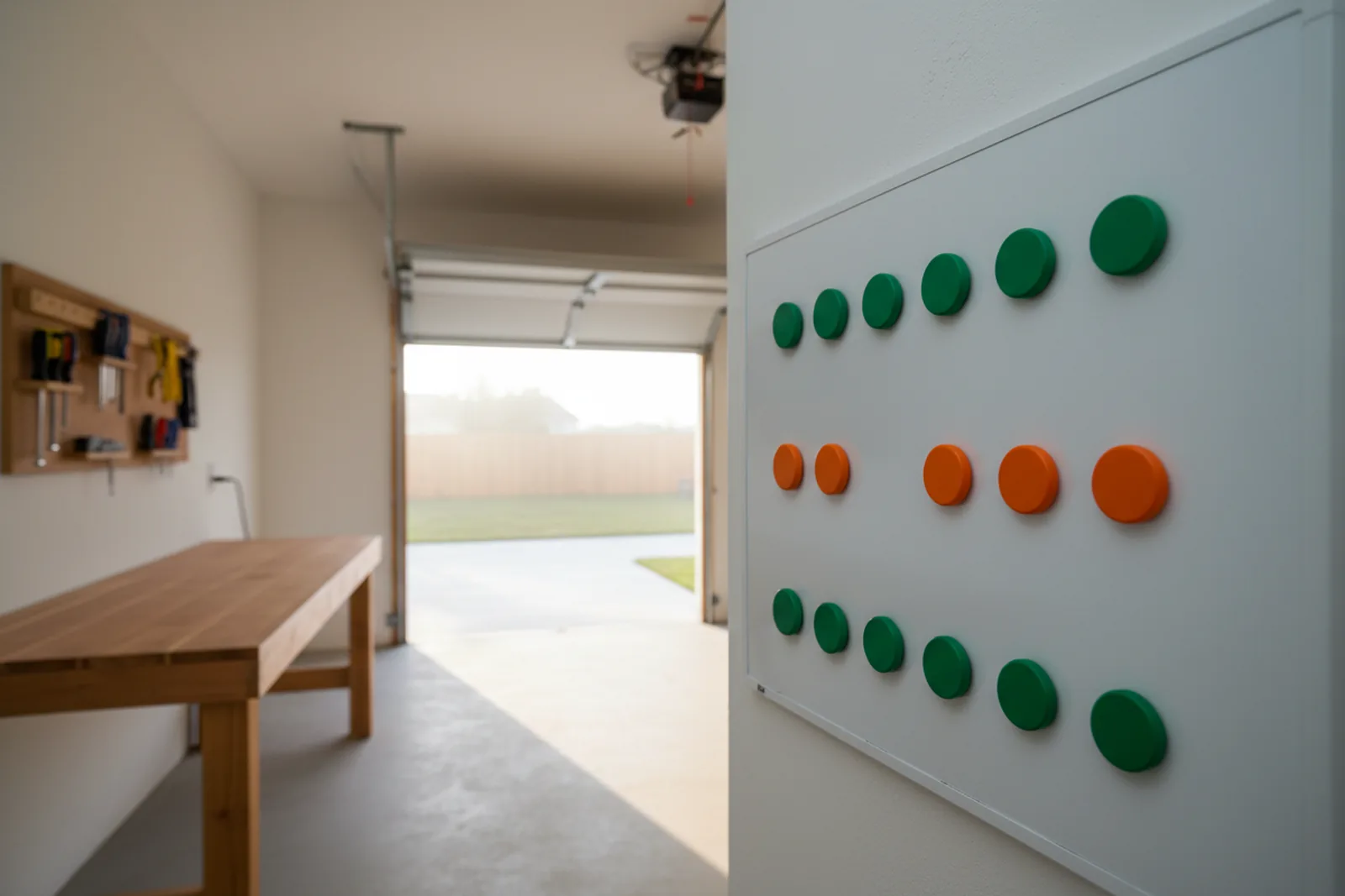 An empty sunlit home-repair garage with green and orange magnets already arranged in rows on a white planner board.