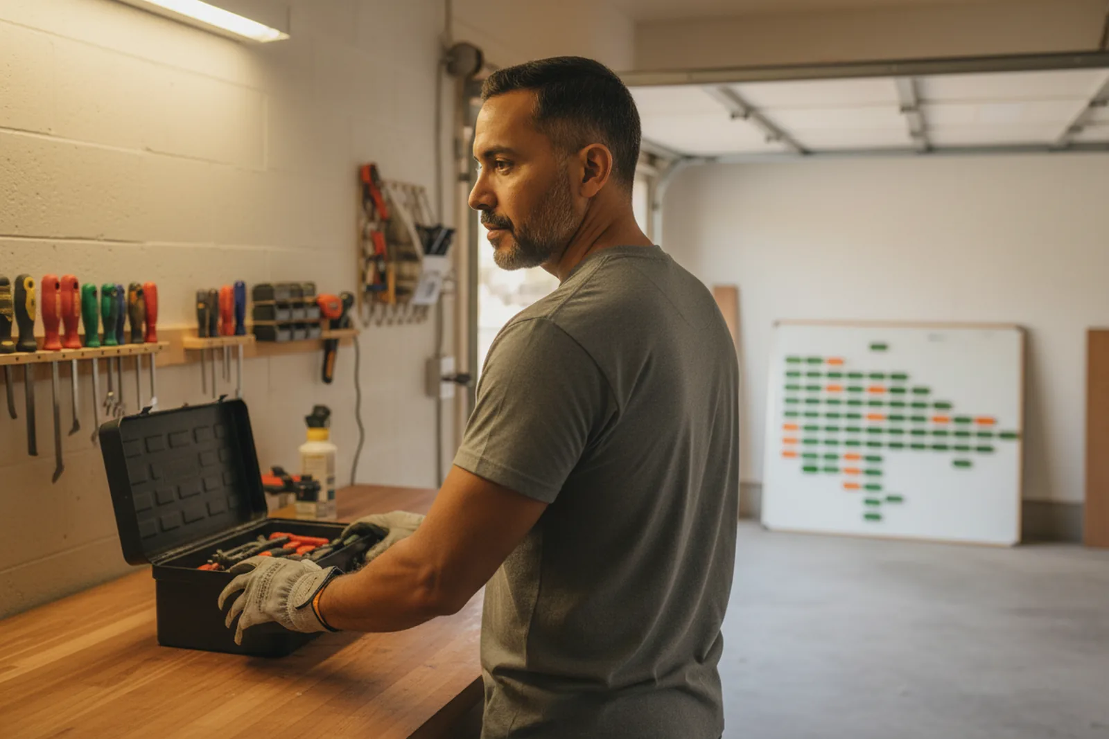 A home-repair business owner pauses over an open toolbox and looks toward the magnetic planner board behind him.