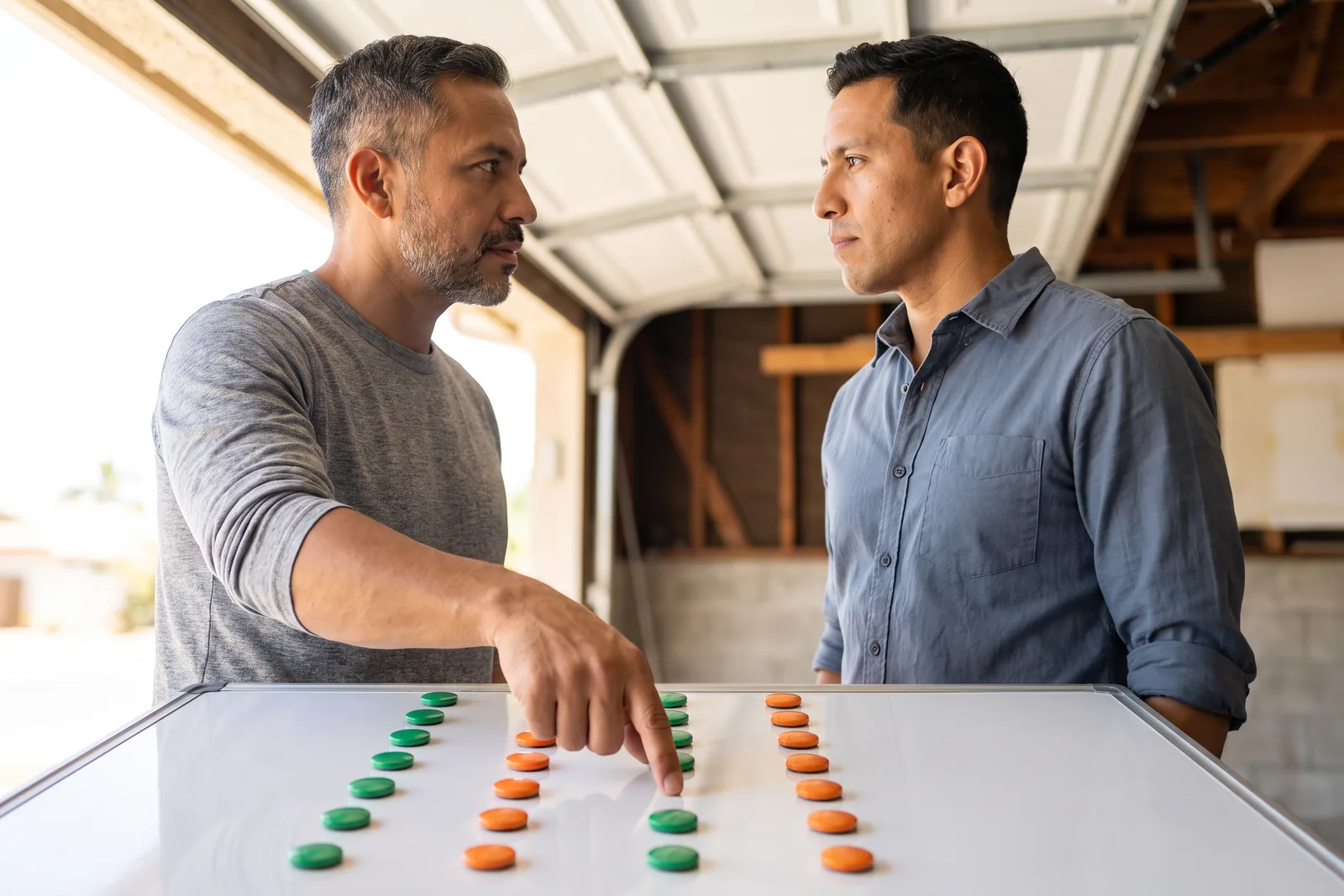 A home-repair business owner points to one green magnet while Rene meets his gaze across the planner board.