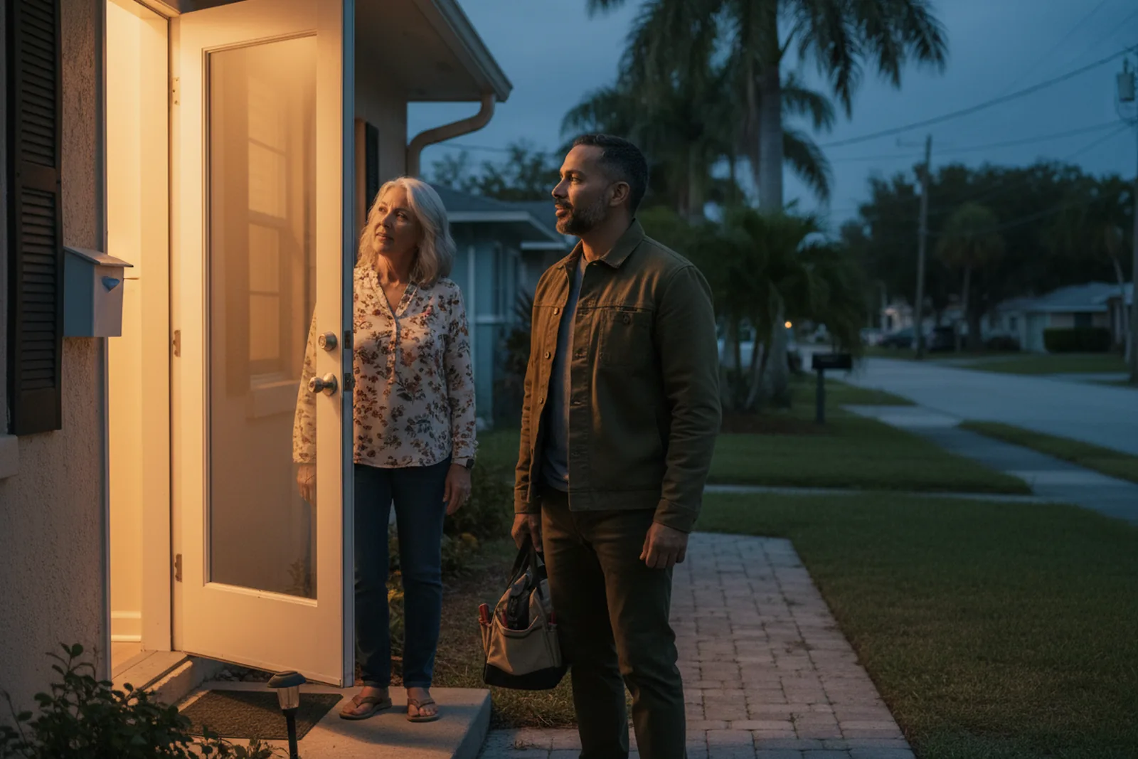 At dusk, a home-repair worker carrying a tool bag stands with a customer at her warmly lit open front door.