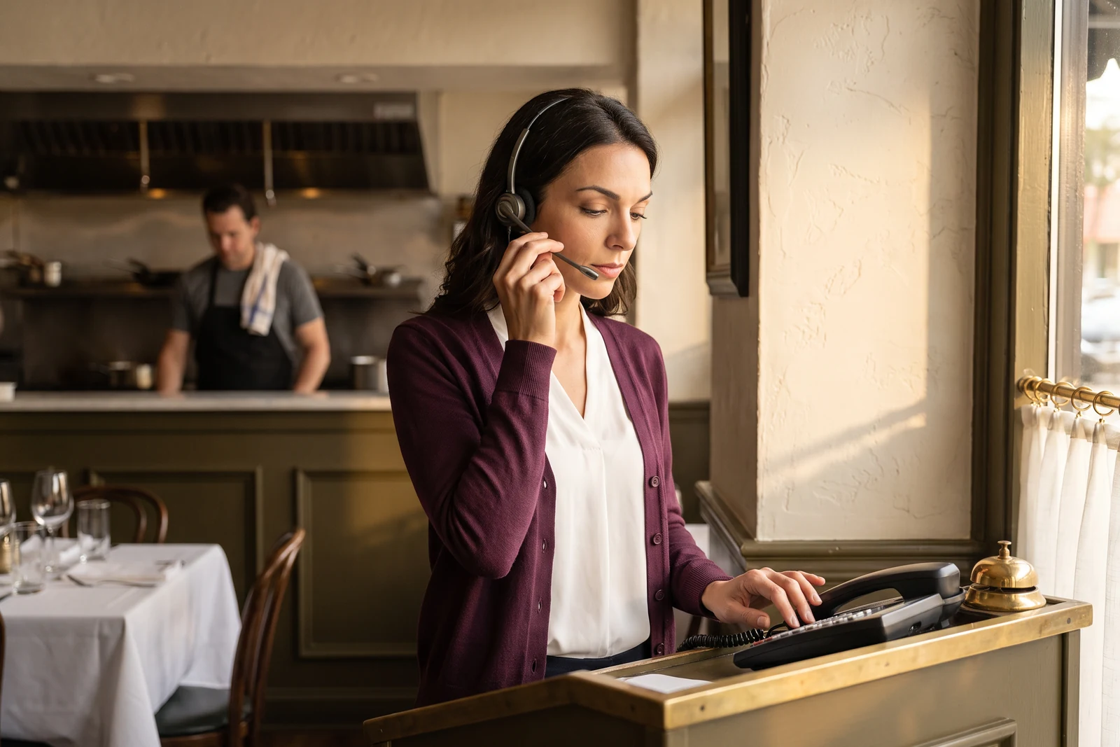 Before dinner service at Tampa Pasta House, Jordan stands at the host stand wearing a headset with one hand on the desk phone while a cook works behind her.