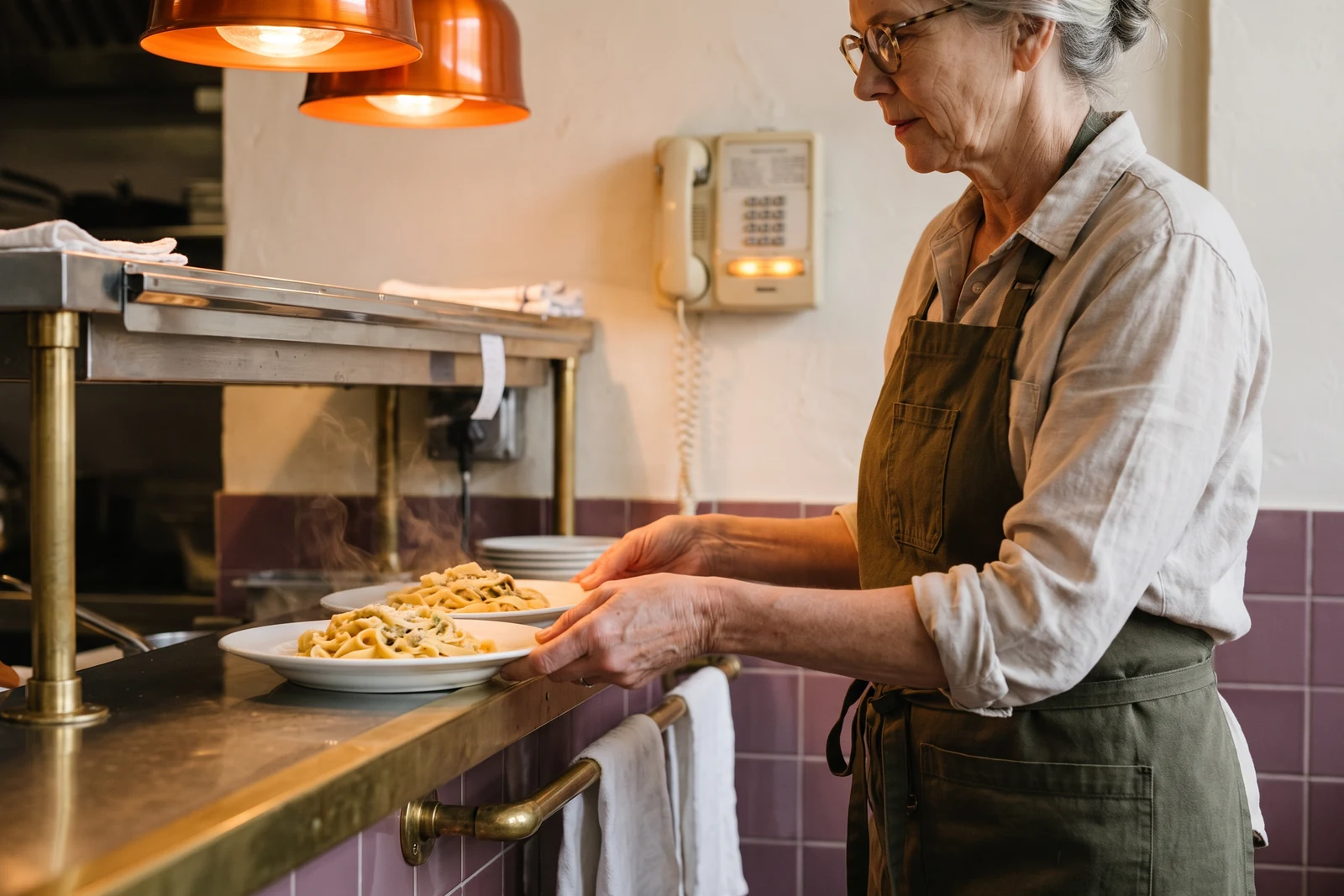 Margaret carries two hot plates at the kitchen pass while the wall phone behind her lights up.