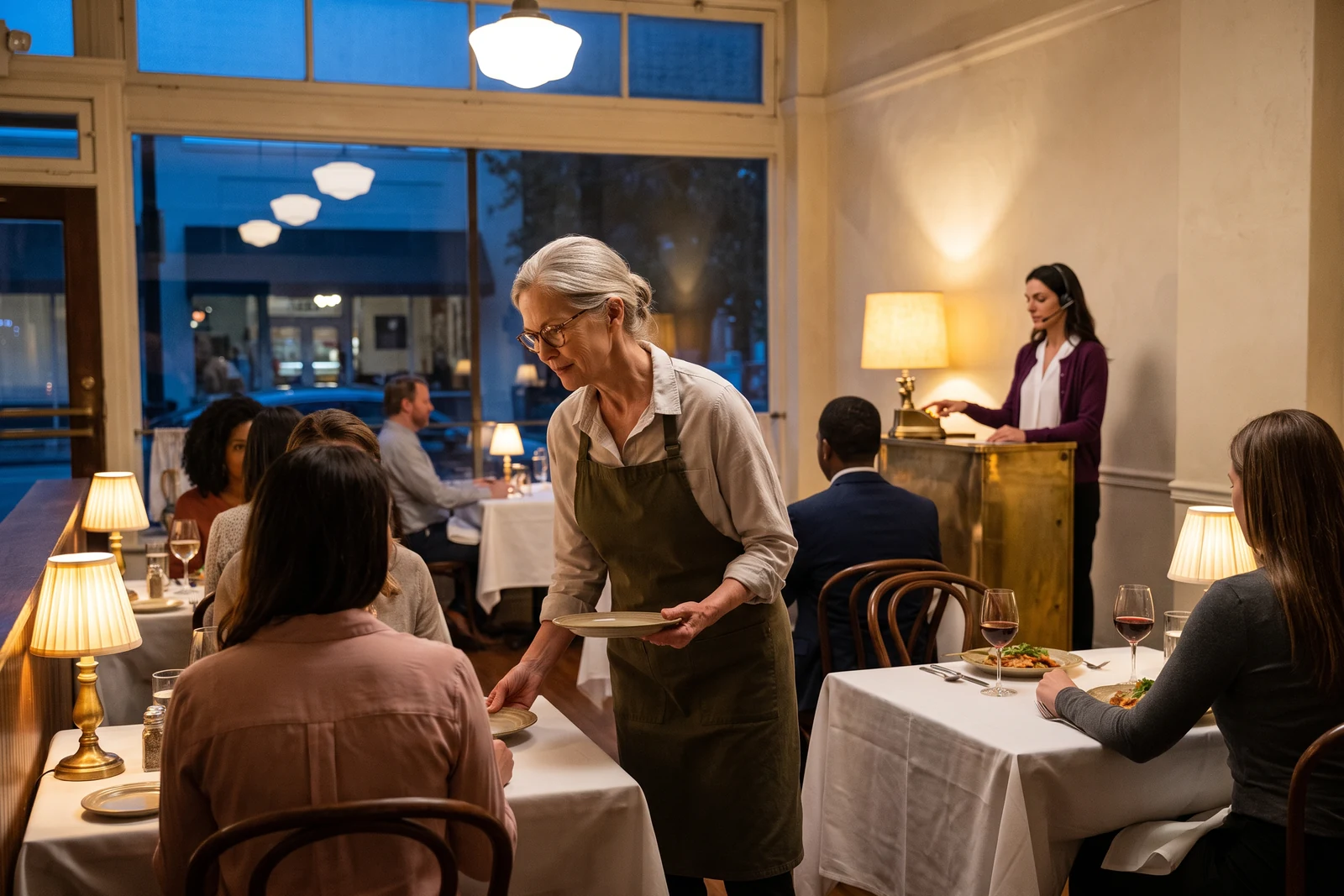 During dinner service, Margaret clears a table while Jordan answers the phone from the host stand behind her.