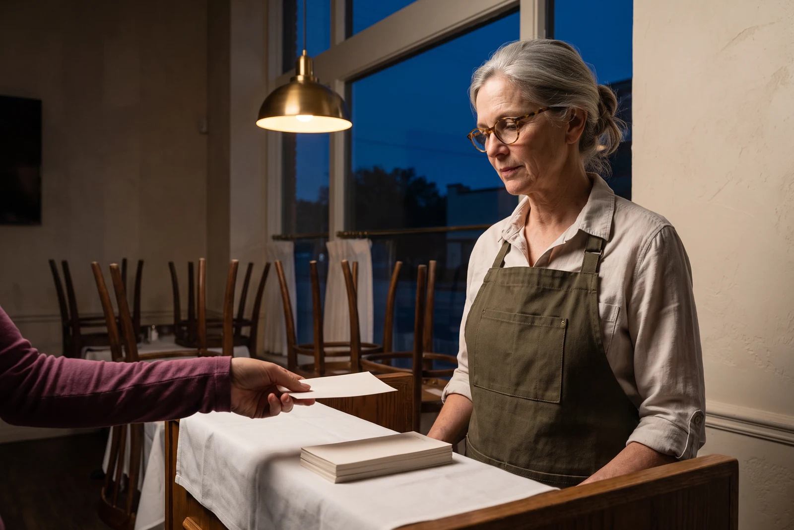After closing, Jordan hands Margaret a written note across the host stand in the empty restaurant.