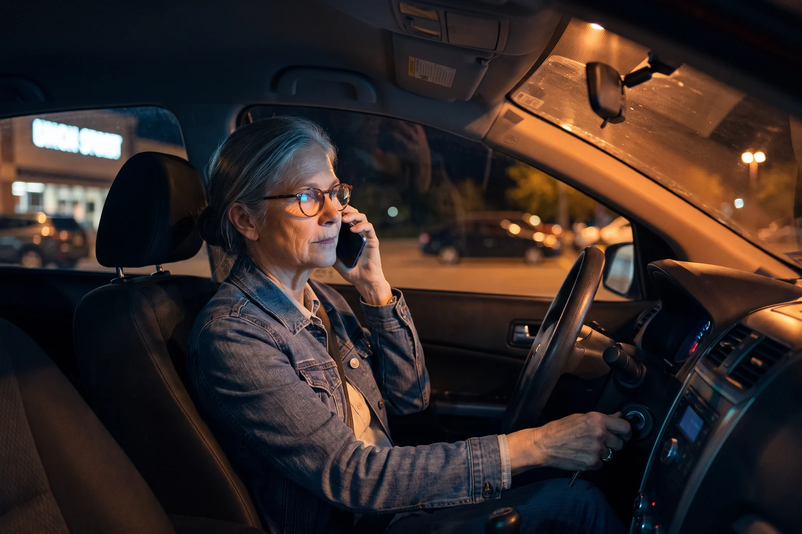 At night in her parked car, Margaret calls her restaurant and listens with the phone to her ear.