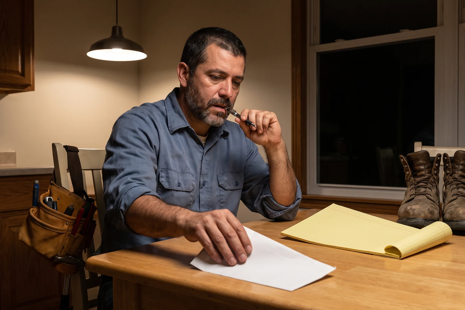 Mateo, a one-man handyman, sits alone at his kitchen table late on a Wednesday evening under a single pendant lamp, an unopened envelope pushed aside under his hand and a blank yellow notepad pulled toward him, the cap of his pen between his teeth; his tool belt hangs on the chair behind him and the window is black.