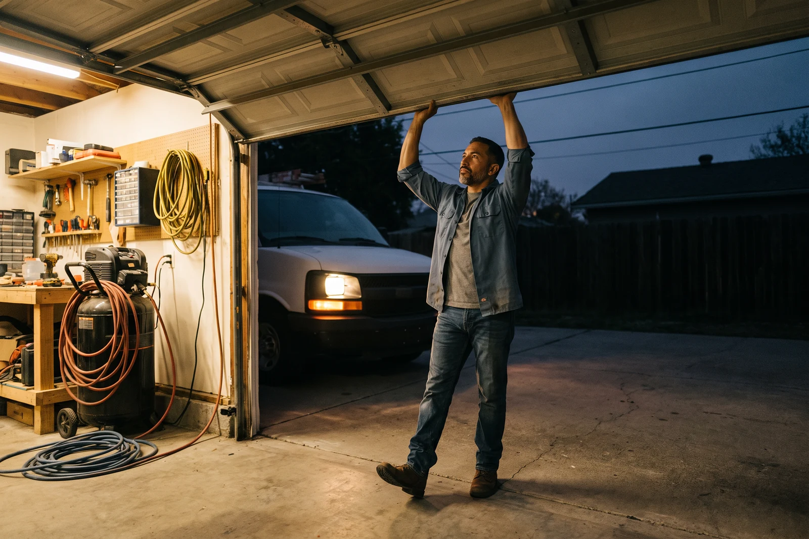 Before dawn, Mateo heaves the sectional door of his workshop up over his head while every lamp inside is already burning, the compressor is running against the wall and his van stands with its headlights on.