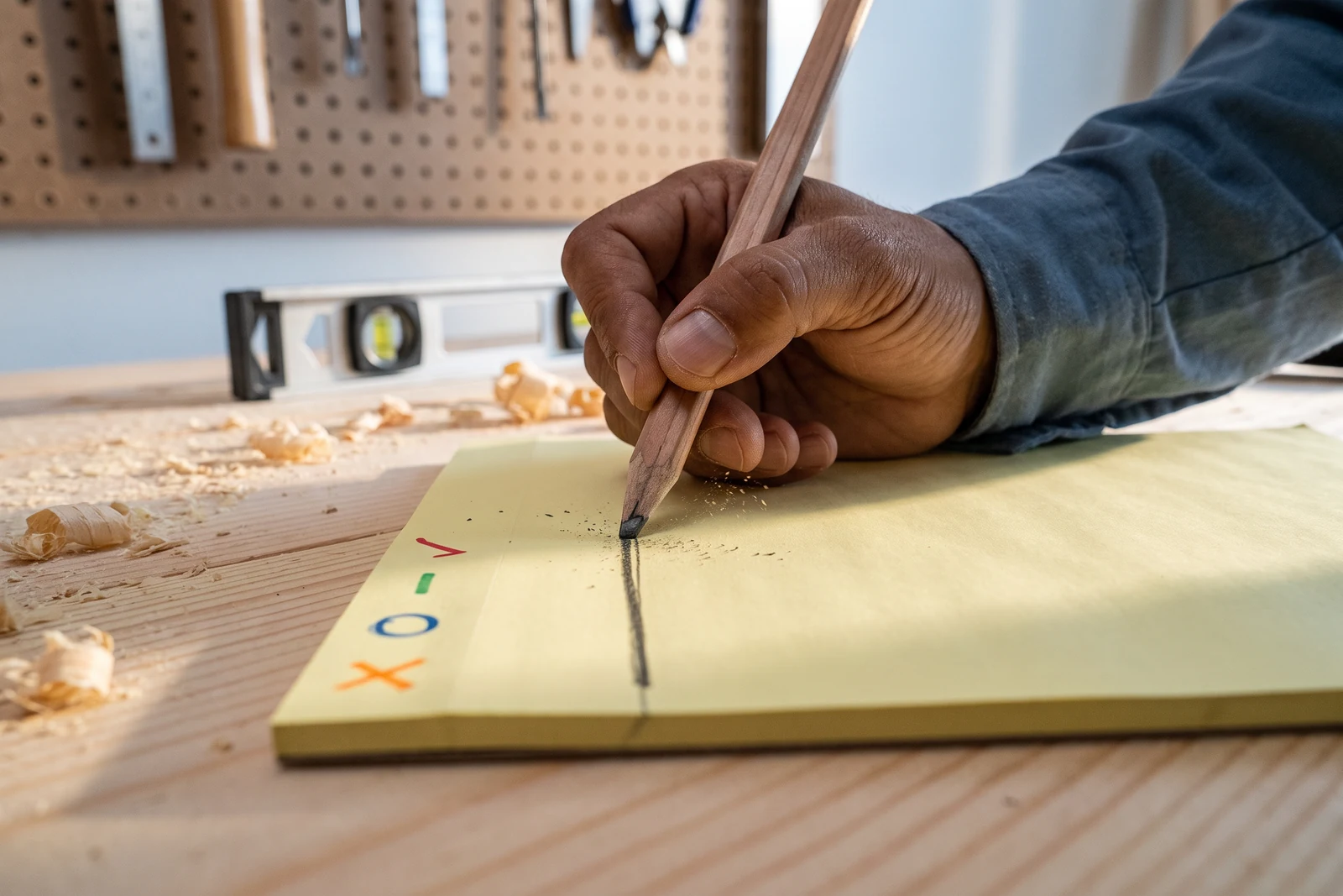 A low close-up along the workbench: Mateo's hand draws one thick graphite line down a yellow notepad sheet with a flat carpenter's pencil, four small colored marks already in the margin, the pegboard and a spirit level soft behind it.