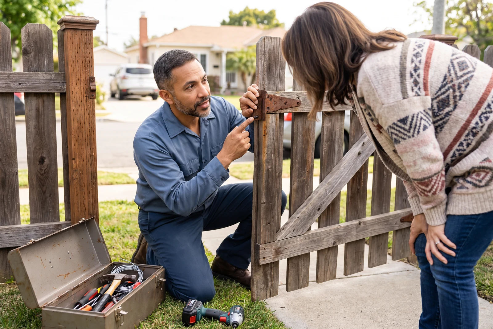 Mateo crouches at a sagging garden gate in the morning, rocking the hinge with one hand and pointing at the loose screw with the other while the customer bends forward beside him to look, his open toolbox on the grass.