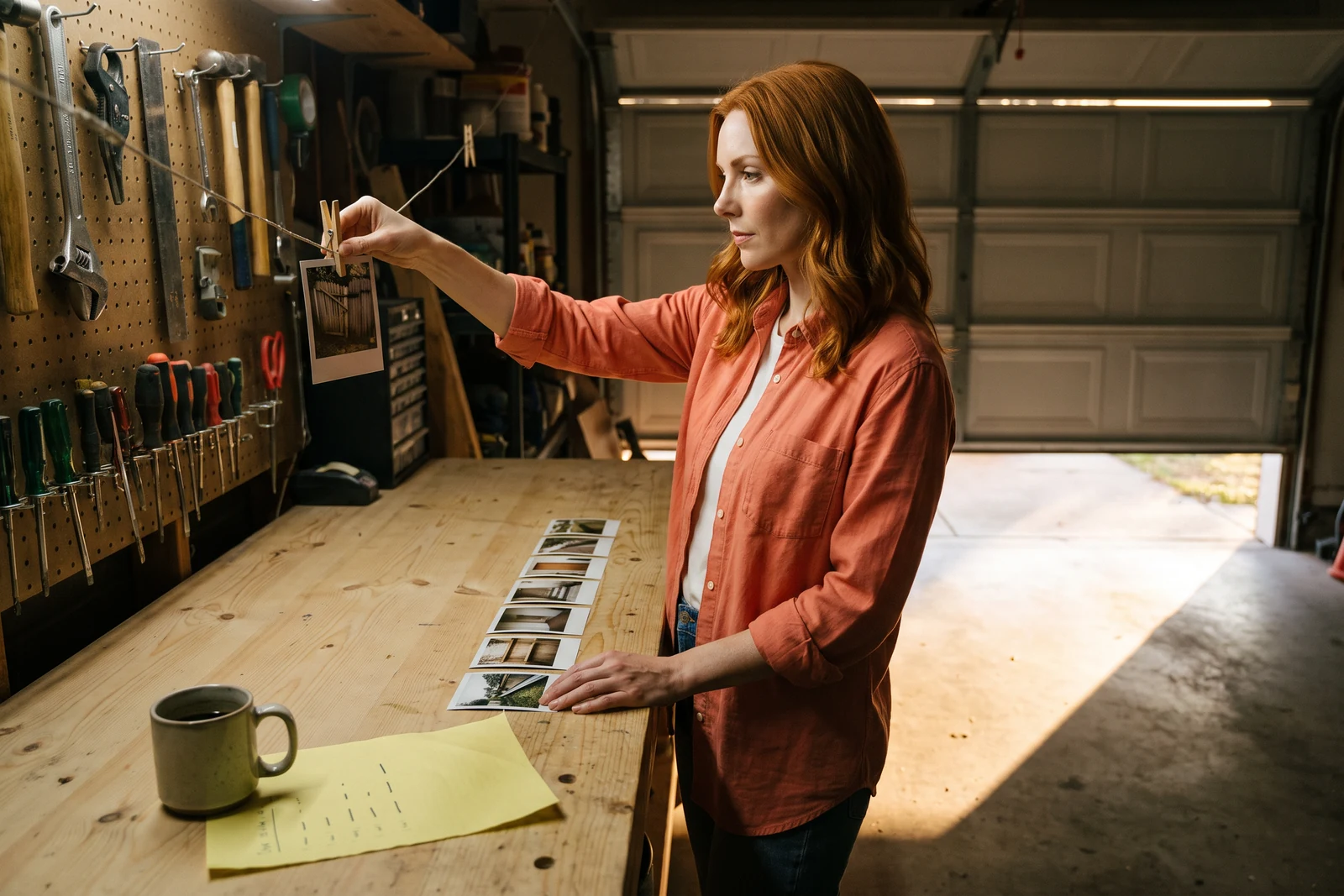 At sunset in the workshop, Sloane lays a week of instant photographs of finished repairs in a row along the workbench and clips the first of them - that morning's garden gate - onto a wire, with Mateo's torn half-sheet of graphite strokes weighted down by a mug beside her.