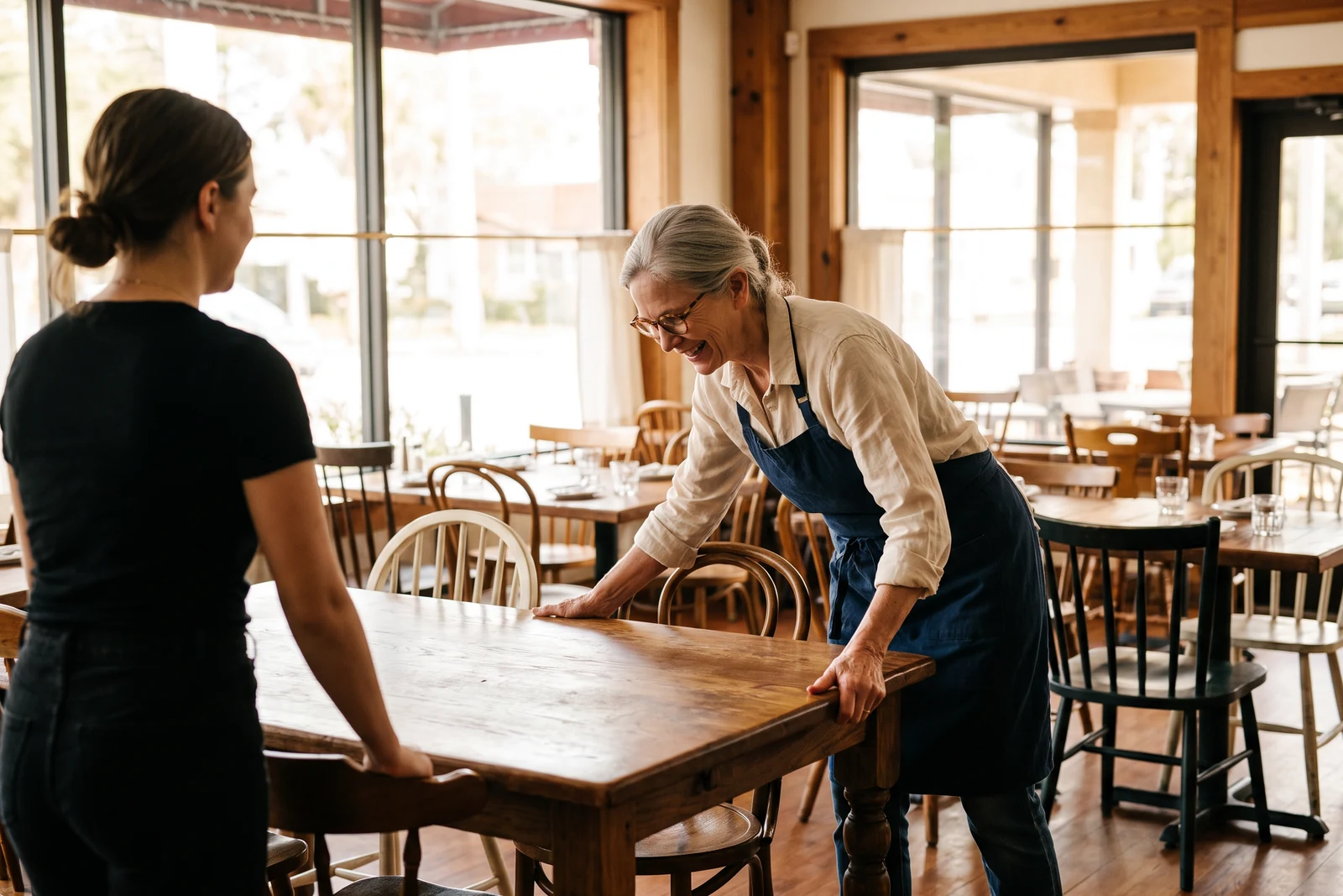 Margaret and her floor lead, seen from behind in a black shirt, bend over two heavy wooden tables and push them together before service.