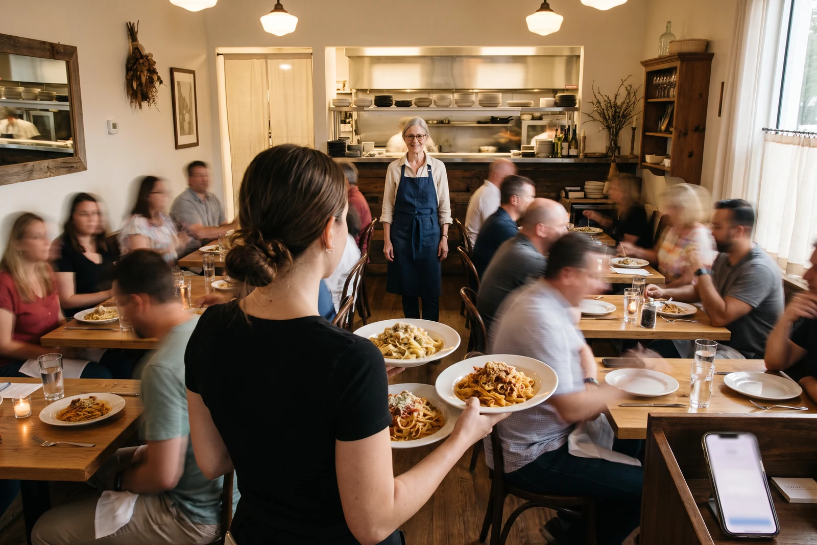 The floor lead carries three plates through a full dining room, sharp against guests blurred into faceless silhouettes; far away at the pass stands Margaret.