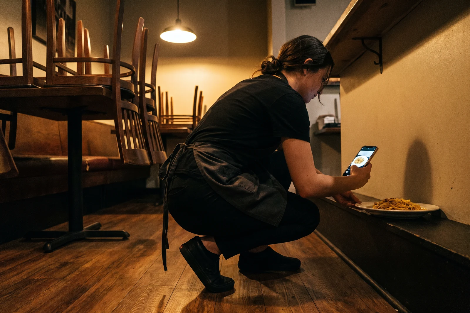 Late at night, with chairs upended on the tables and one bar lamp burning, the floor lead crouches awkwardly by a low counter and reaches out with a phone toward the last plate.