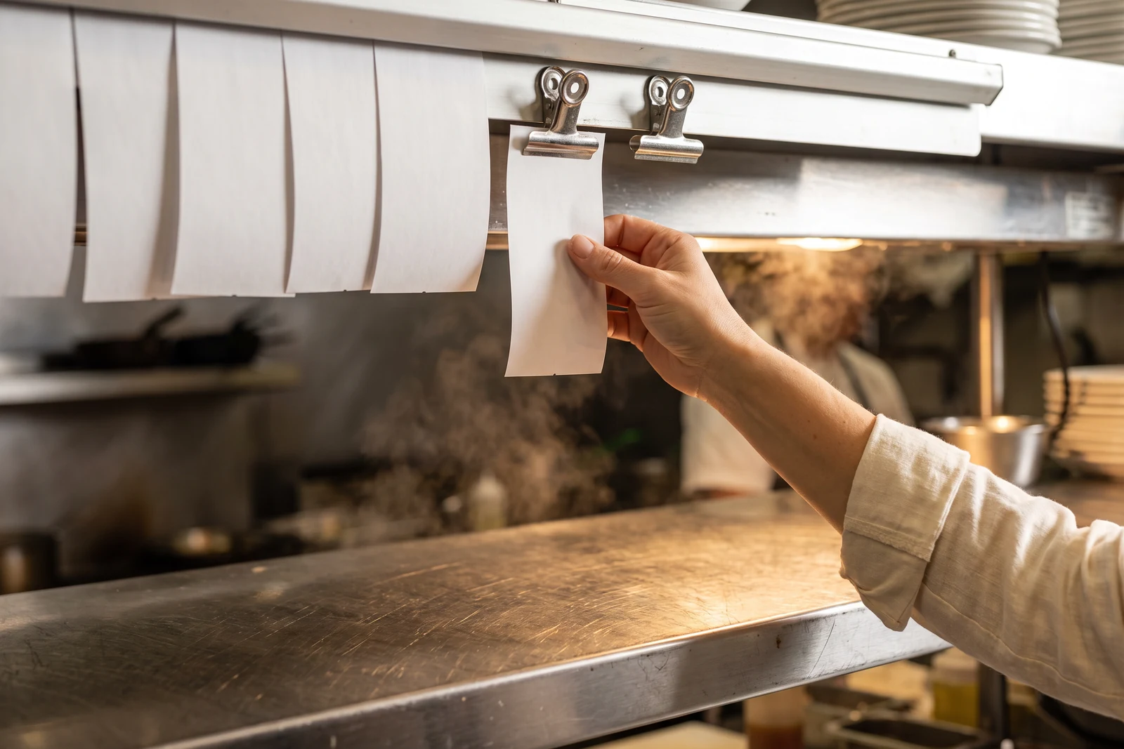 A hand in a rolled cream linen sleeve takes one clean blank ticket off a shared steel rail and snaps it into a separate metal clip.